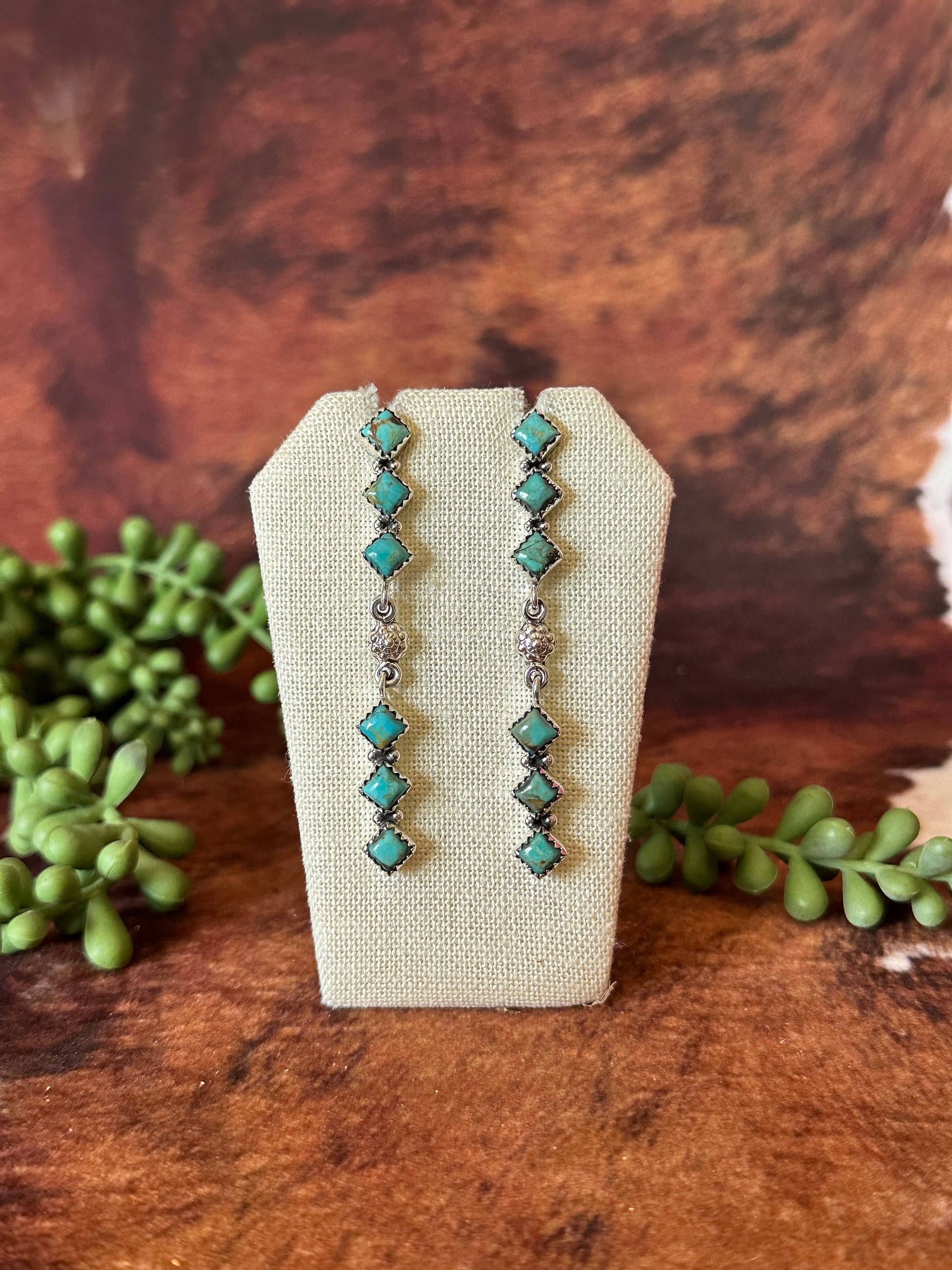 Southwest Handmade Kingman Turquoise & Sterling Silver Post Dangle Earrings