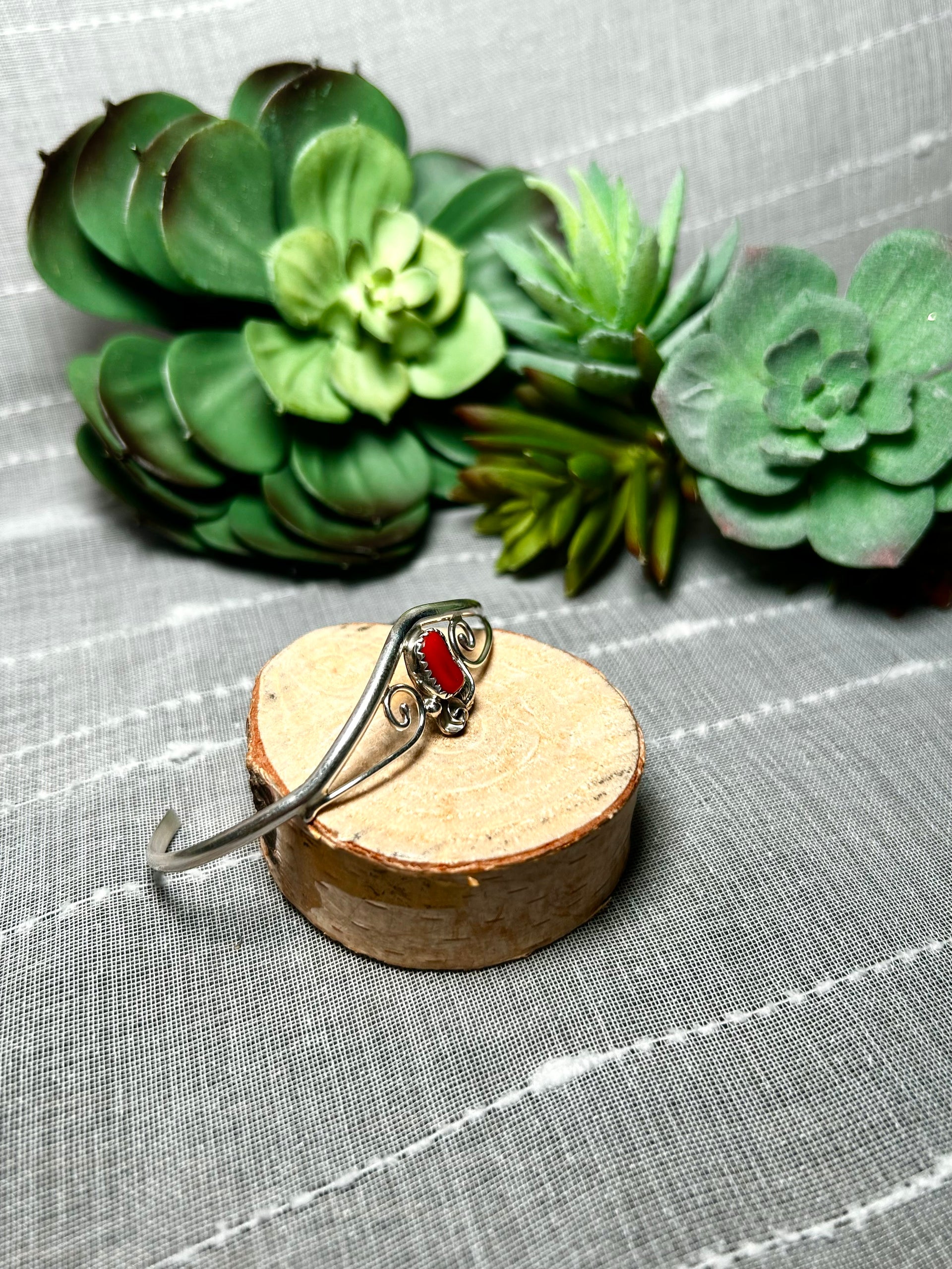 Navajo Made Red Coral & Sterling Silver Cuff Bracelet