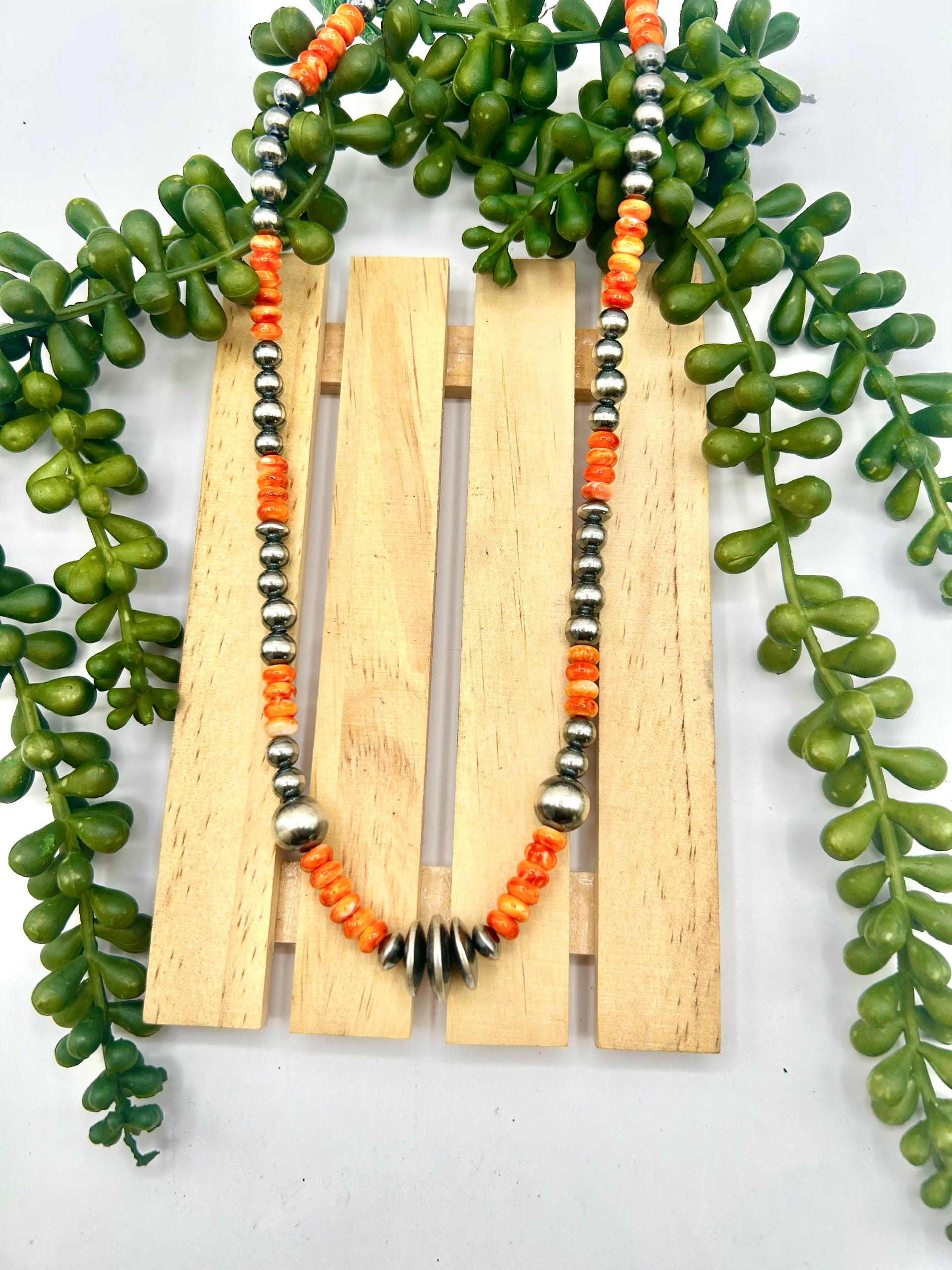 Navajo Made Strung Spiny Oyster & Sterling Silver Necklace