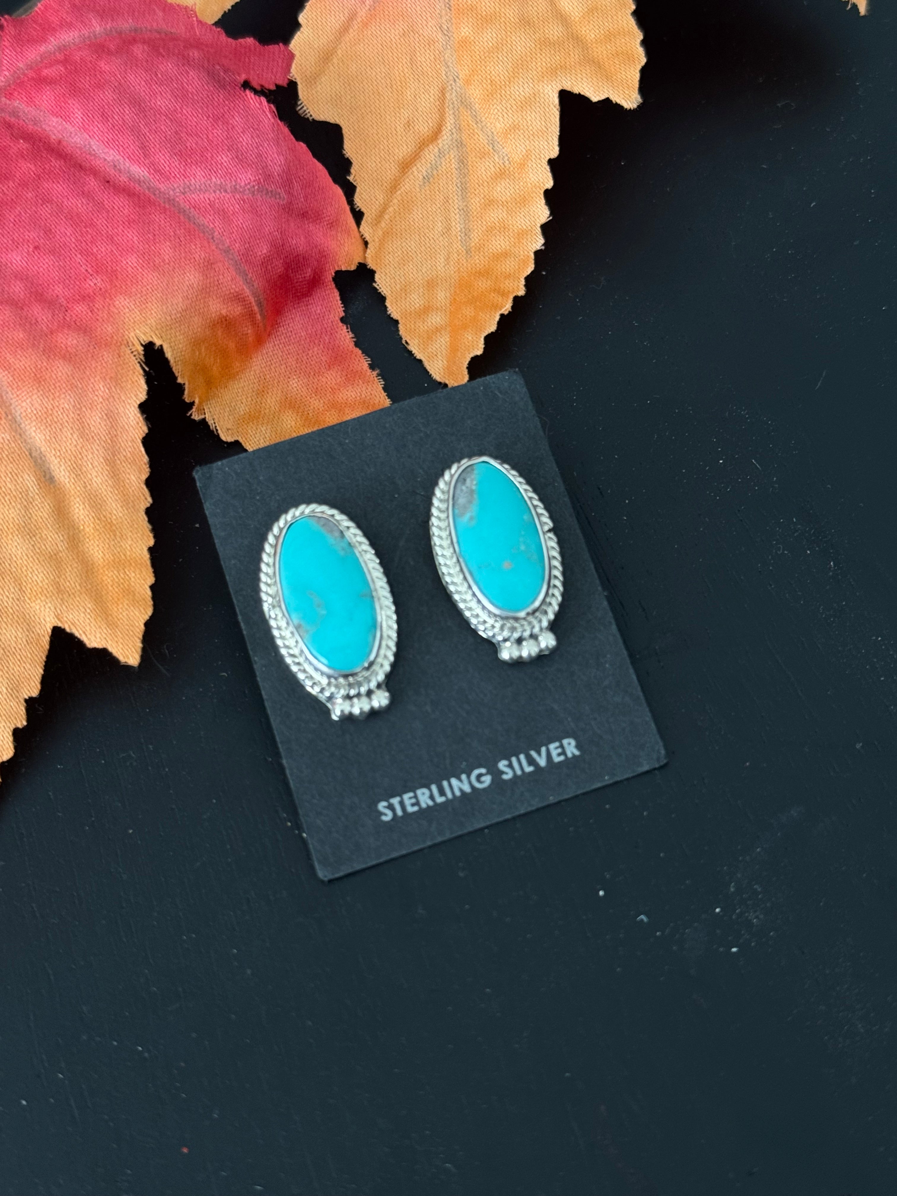 Navajo Made Kingman Turquoise & Sterling Silver Post Earrings