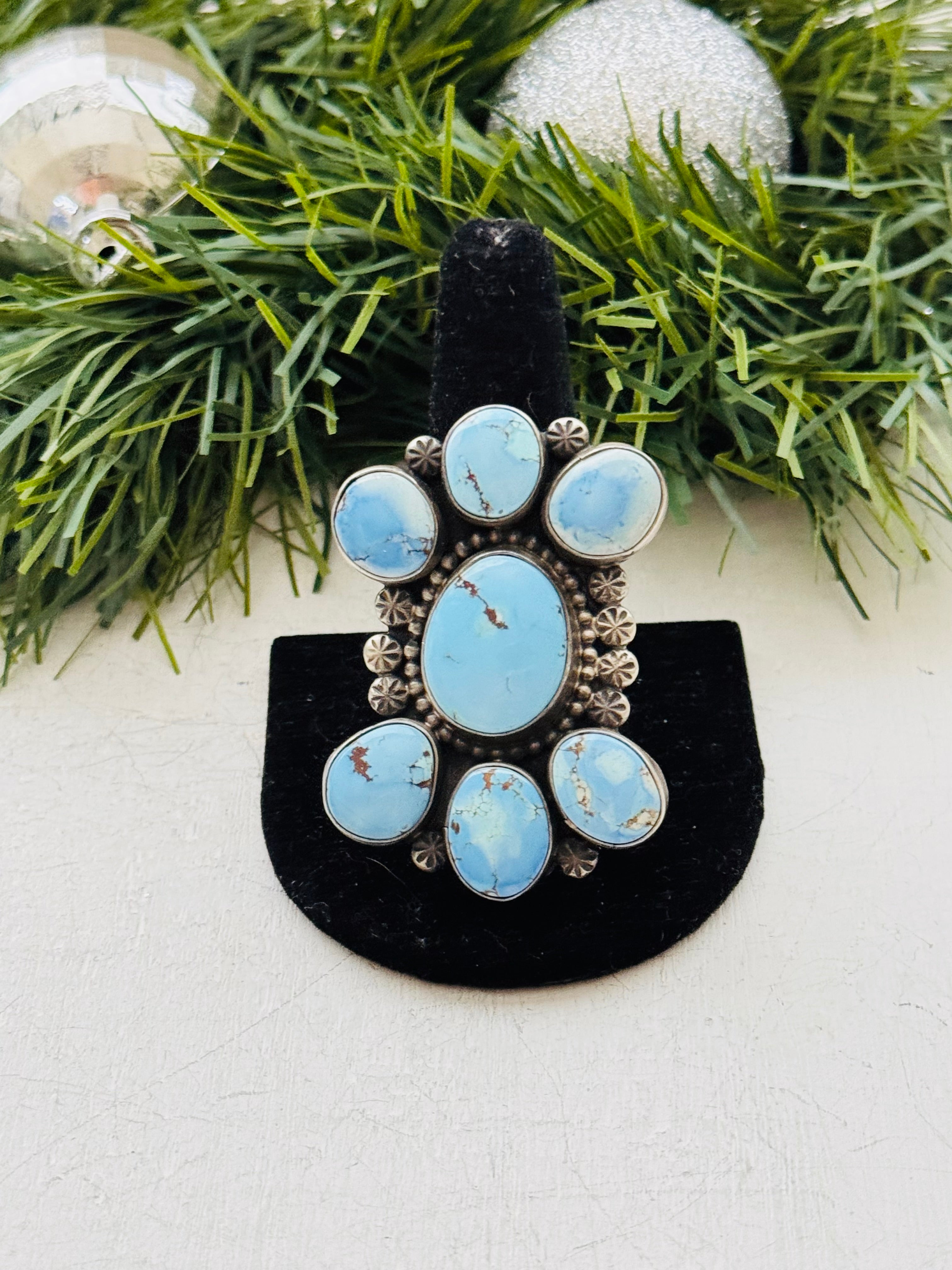 Navajo Made Golden Hills Turquoise & Sterling Silver Cluster Ring Size 10.5