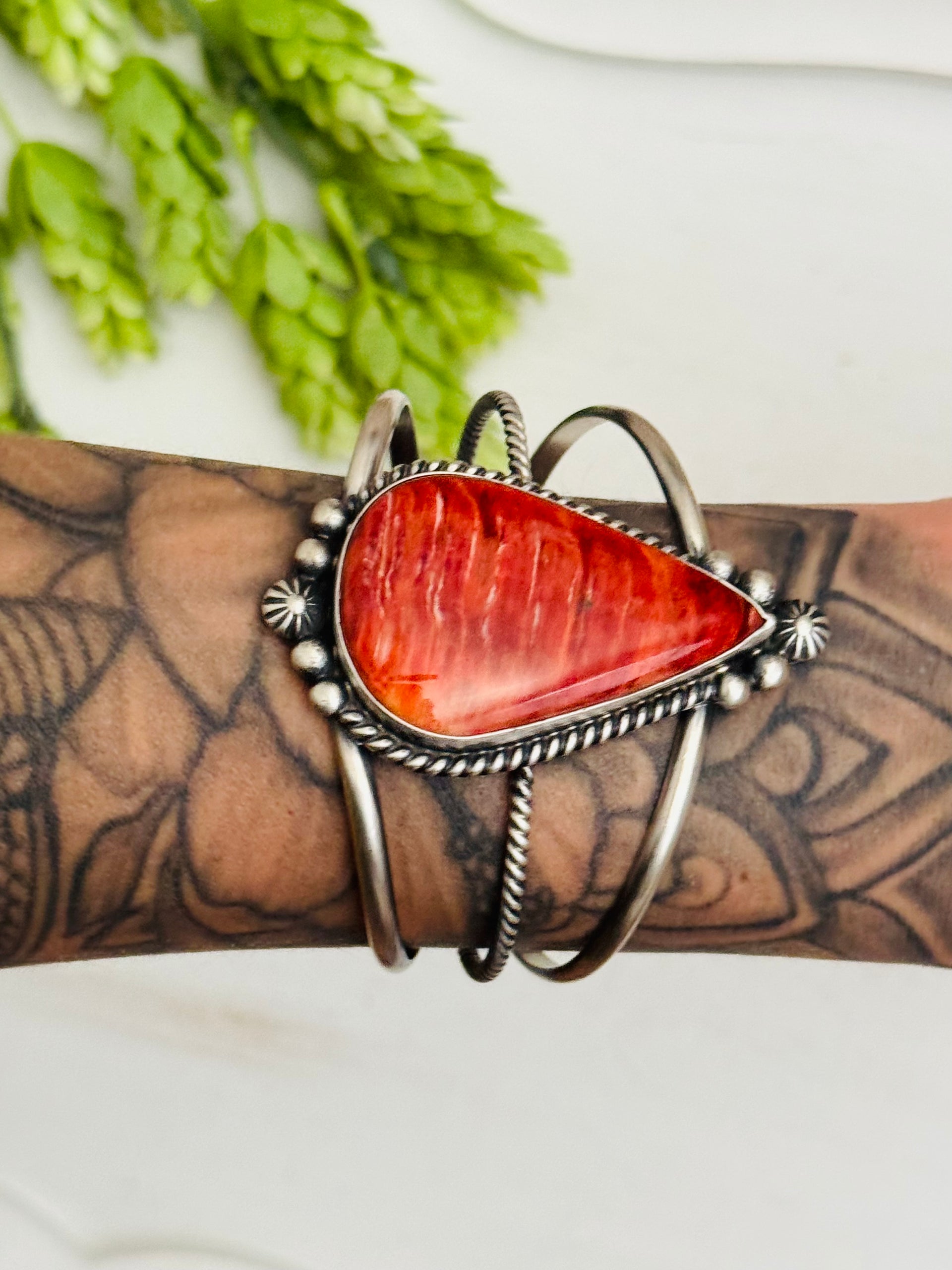 Irene Kee Red Spiny Oyster & Sterling Silver Cuff Bracelet