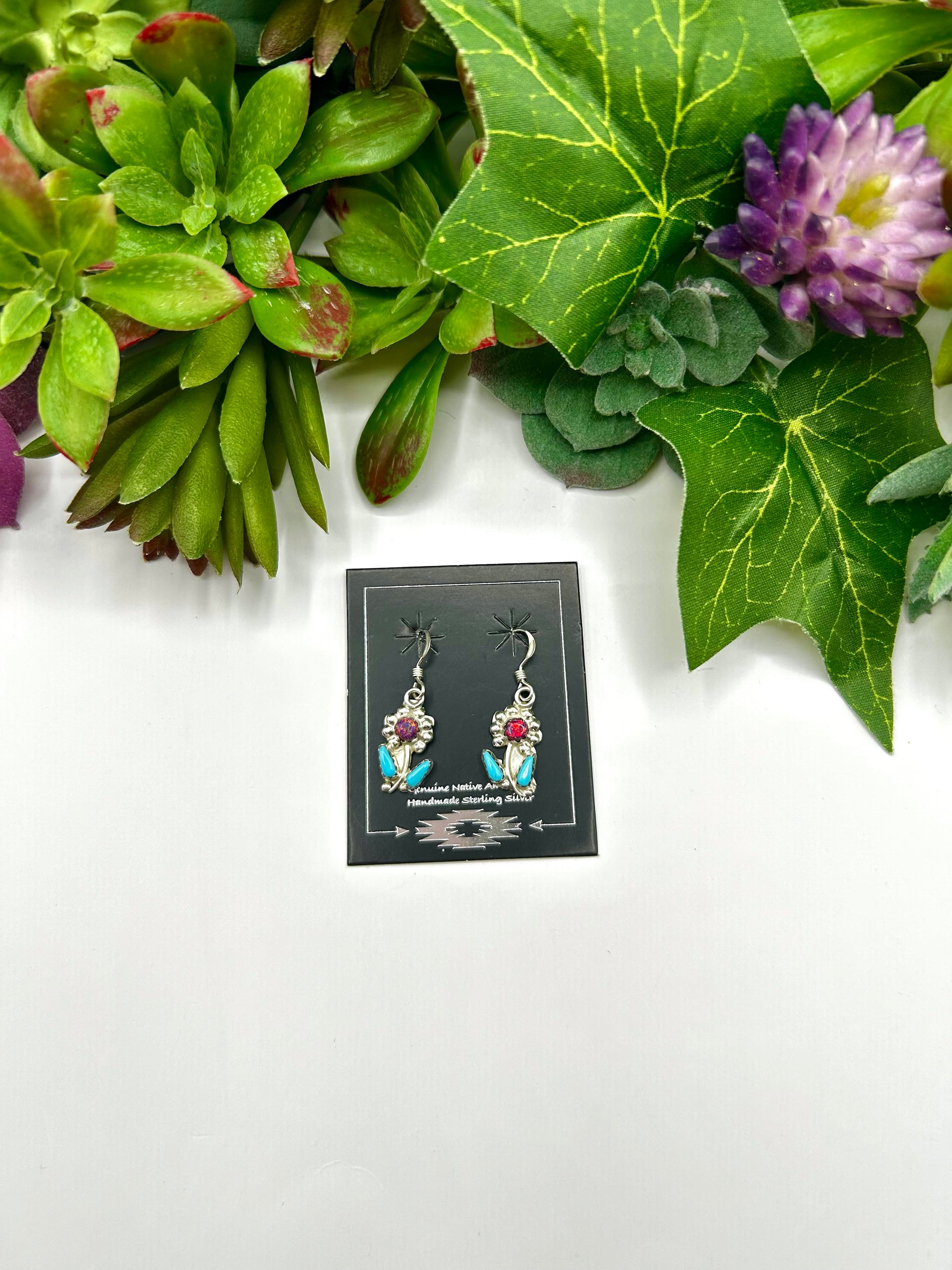 Zuni Multi Stone & Sterling Silver Hook Dangle Earrings