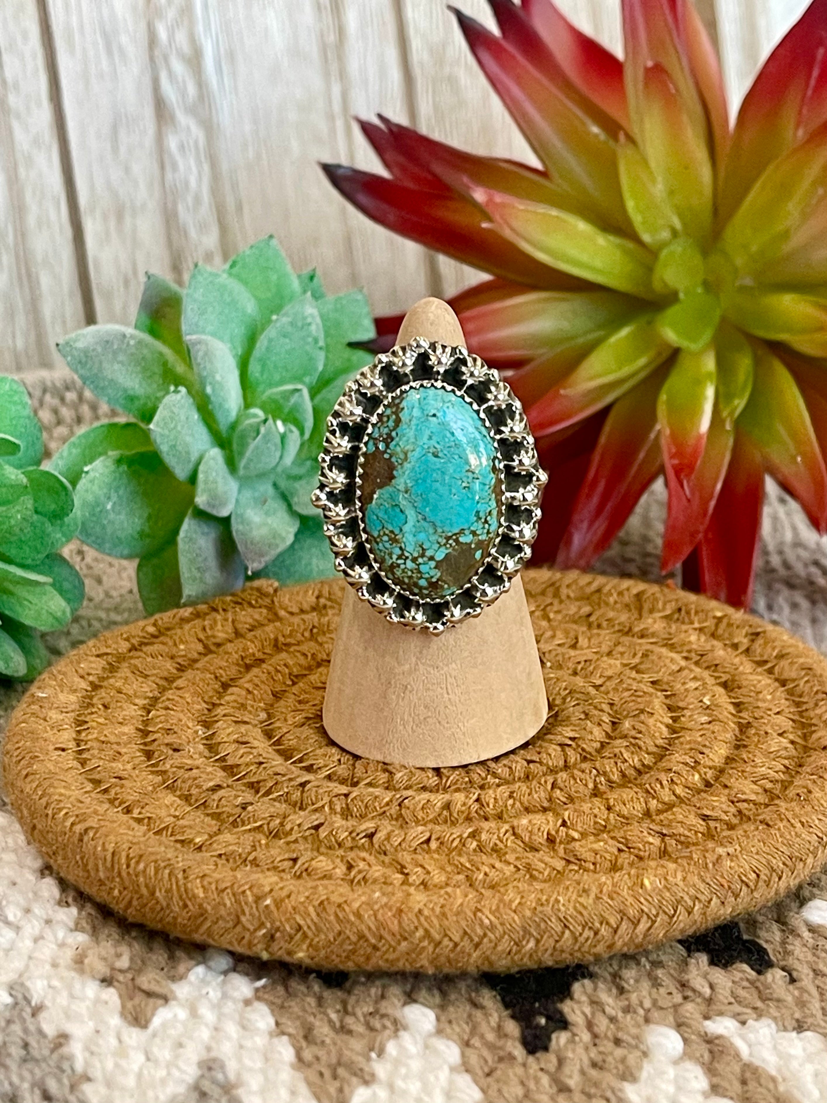 Southwest Handmade Number 8 Turquoise & Sterling Silver Adjustable Ring