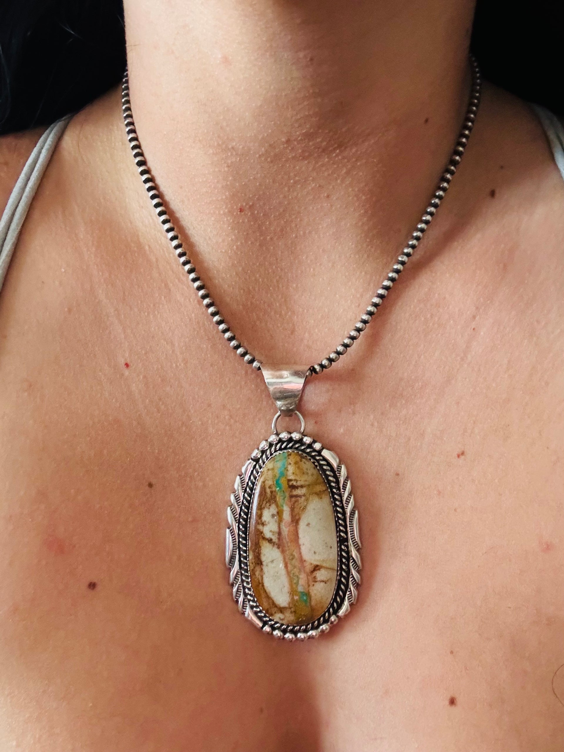 Navajo Made Ribbon Royston Turquoise & Sterling Silver Pendant