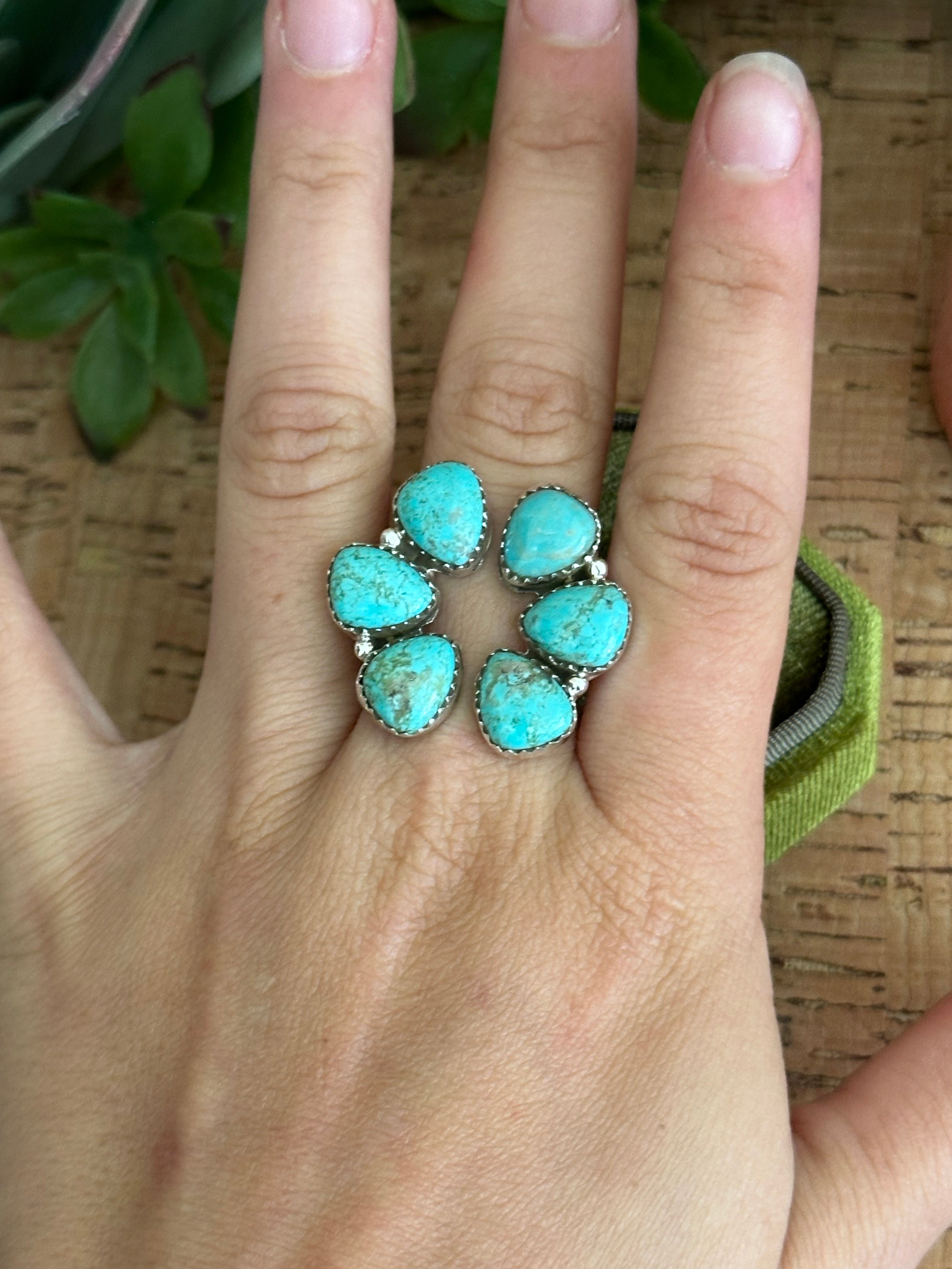 Southwest Handmade Kingman Turquoise & Sterling Silver Adjustable Cluster Ring