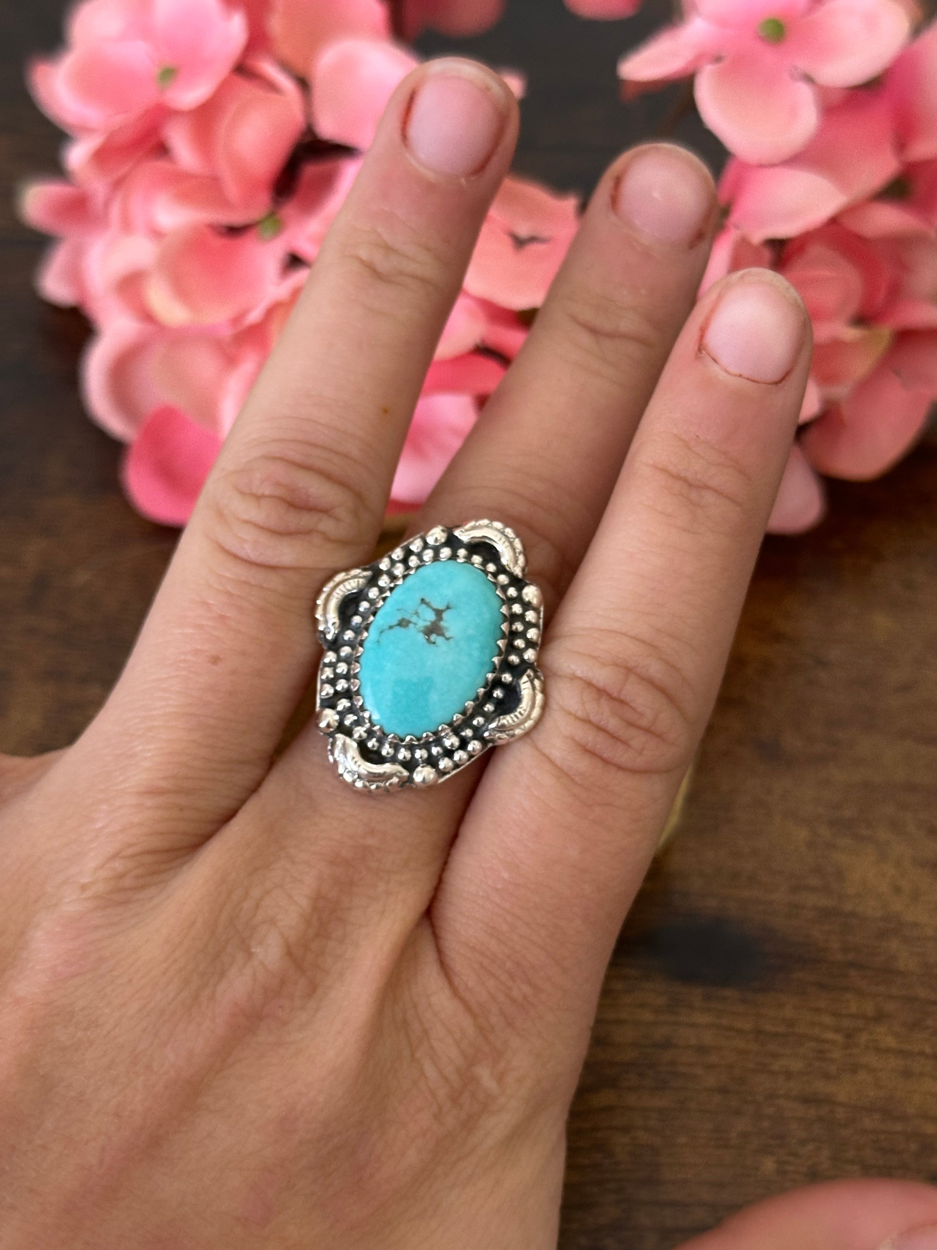 Southwest Handmade Kingman Turquoise & Sterling Silver Ring Size 8