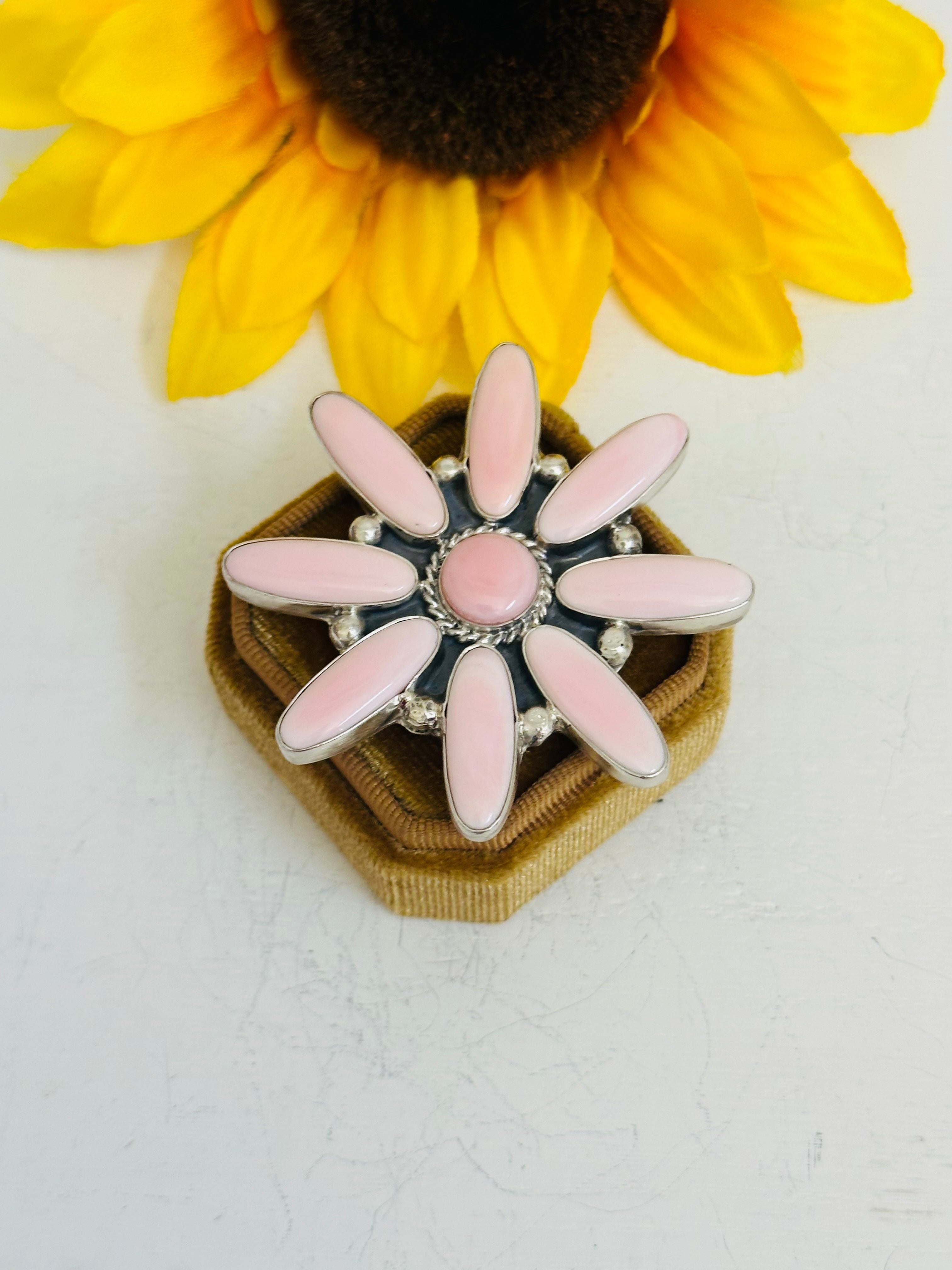 Navajo Made Pink Conch & Sterling Silver Adjustable Ring