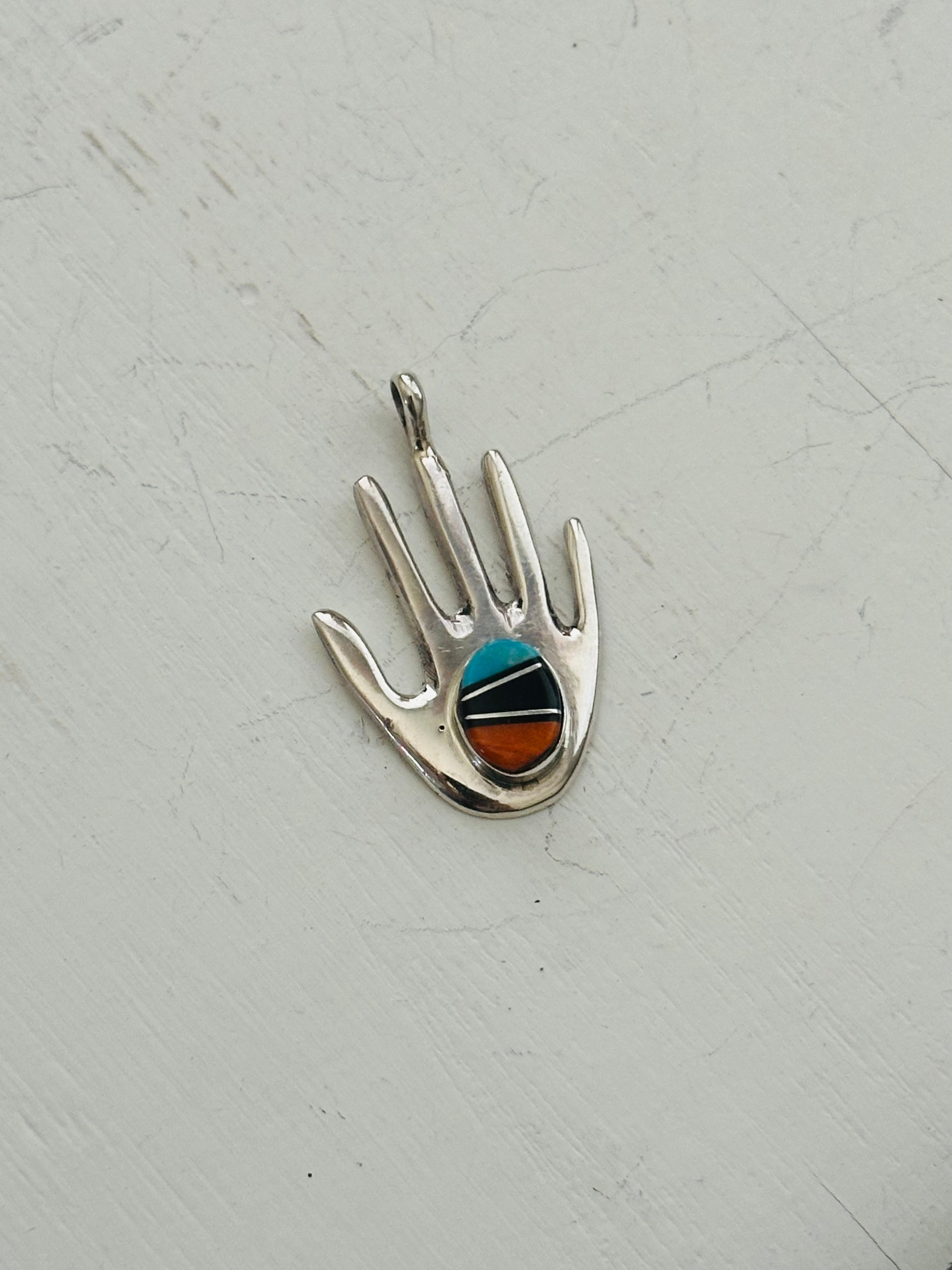 Joseph Martinez Multi Stone & Sterling Silver Inlay Hand Pendant