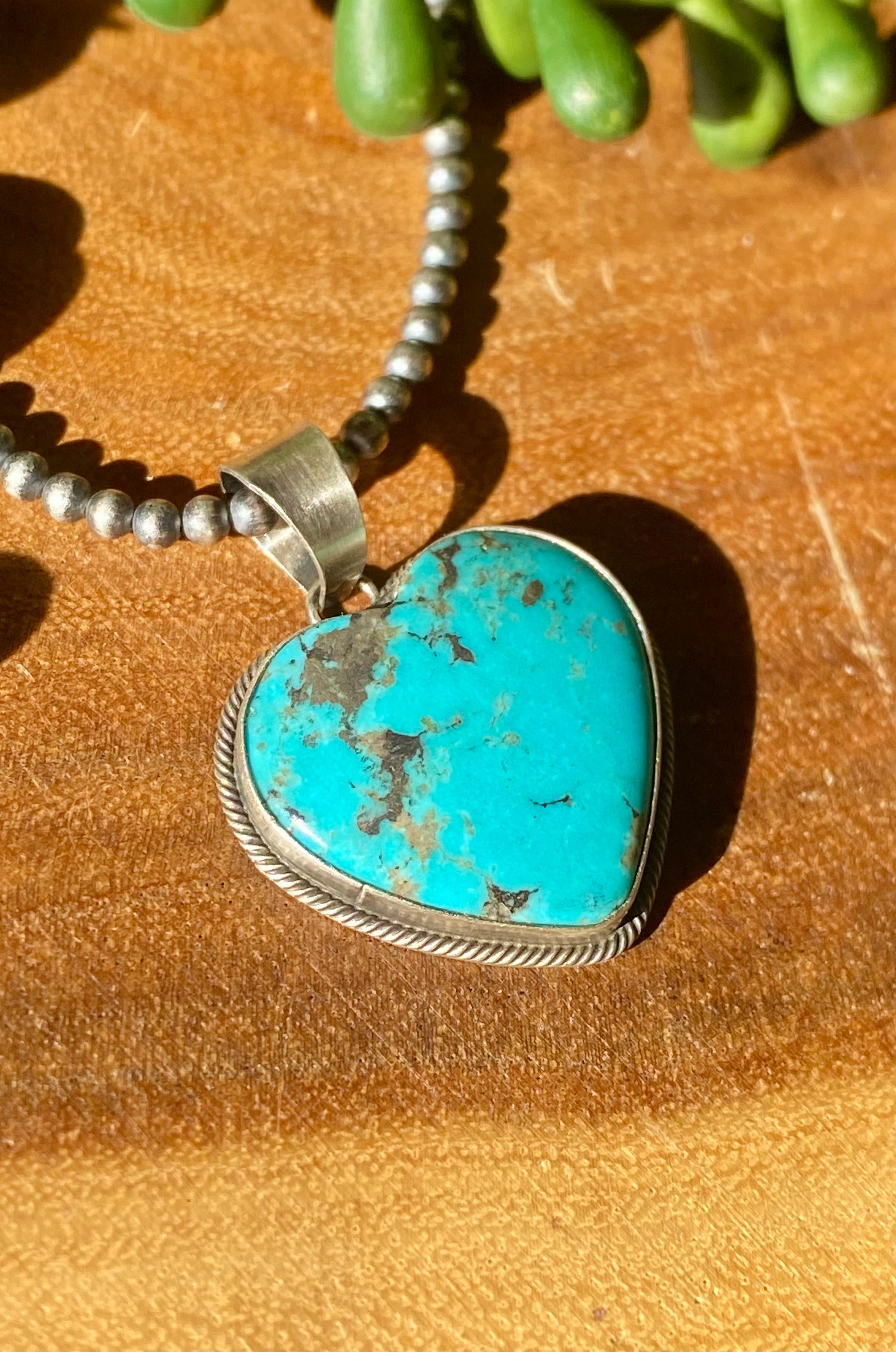 Navajo Made Kingman Turquoise & Sterling Silver Heart Shape PENDANT ONLY