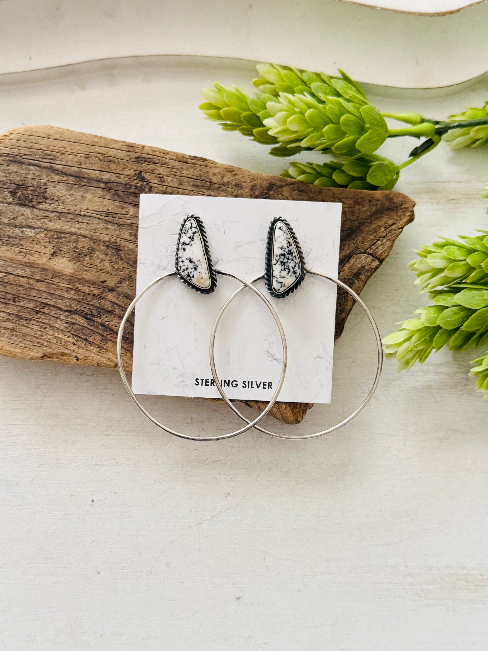 Elouise Kee White Buffalo & Sterling Silver Post Dangle Hoop Earrings