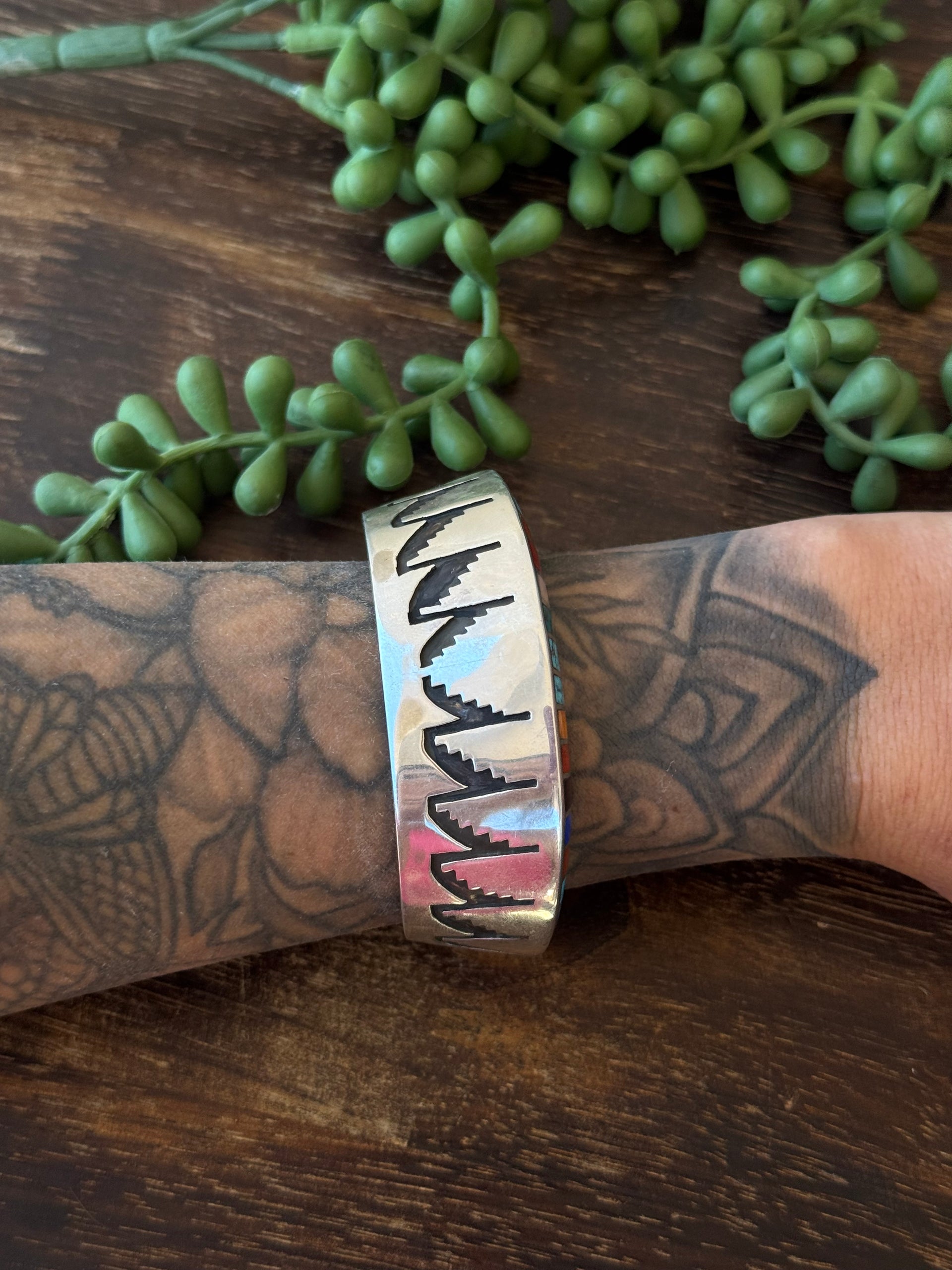 Navajo Made Multi Stone & Sterling Silver Inlay Cuff Bracelet
