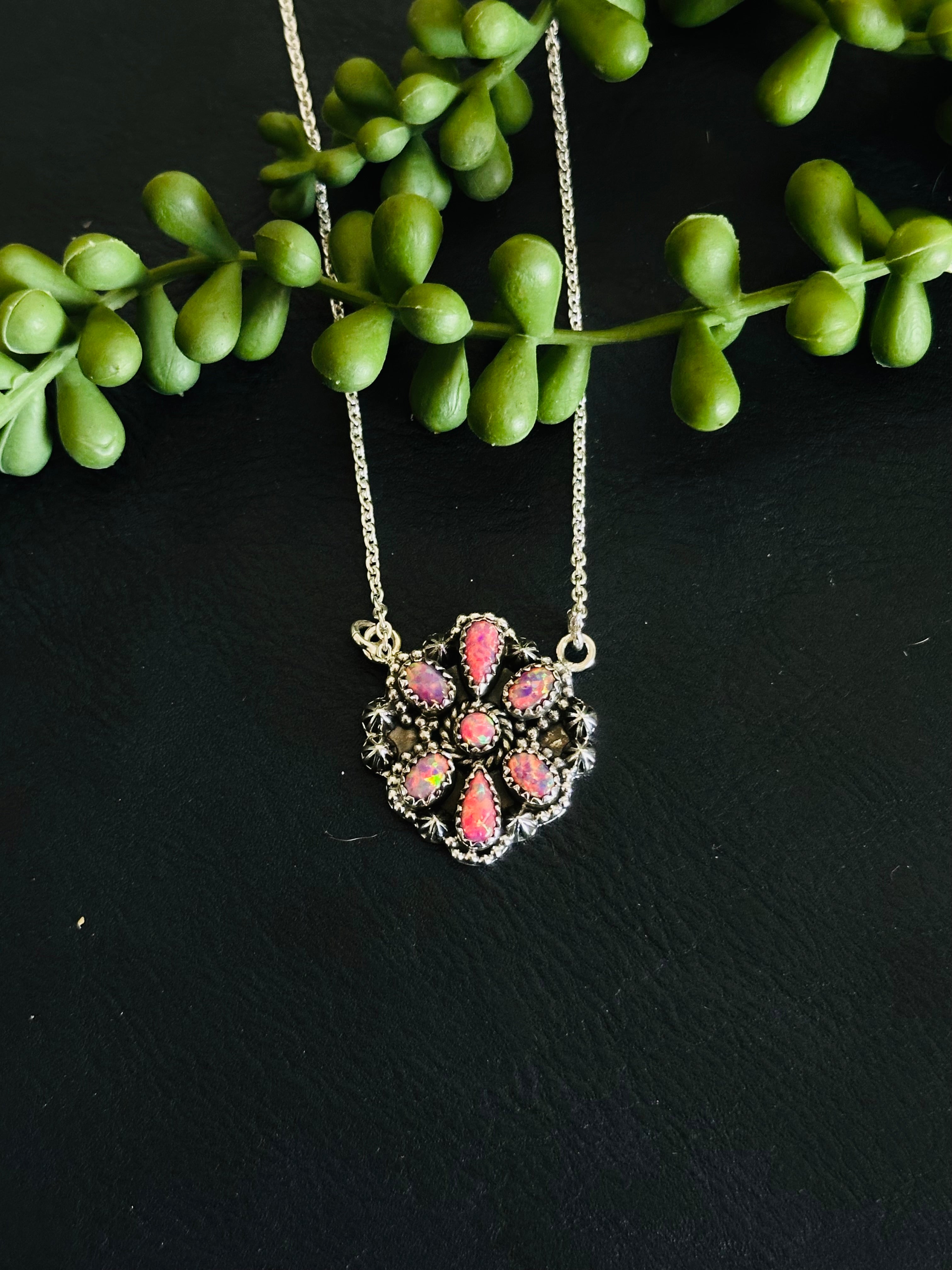 TTD “Sky Cascade” Pink Opal & Sterling Silver Cluster Necklace