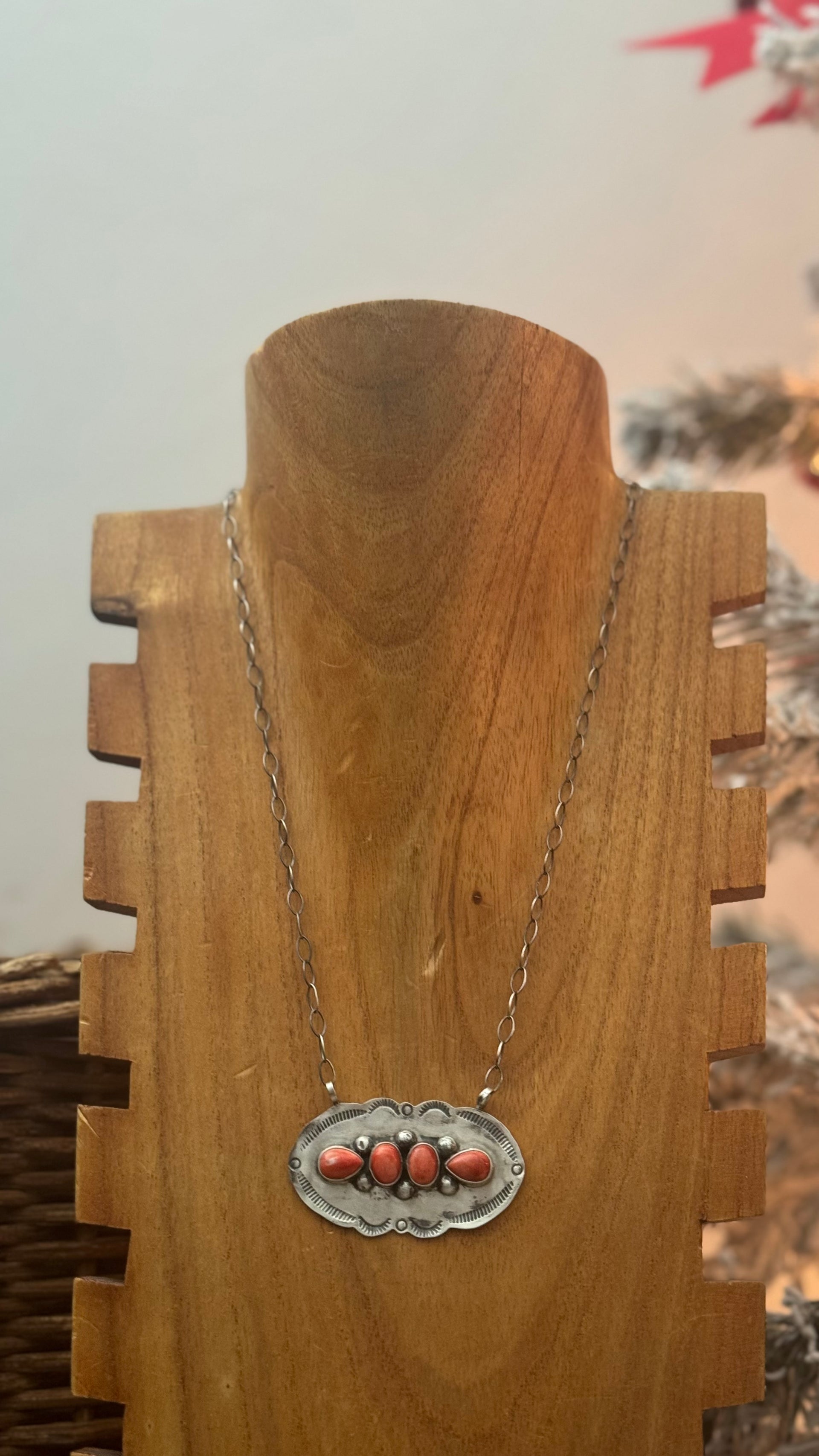 Navajo Made Red Spiny Oyster & Sterling Silver Necklace