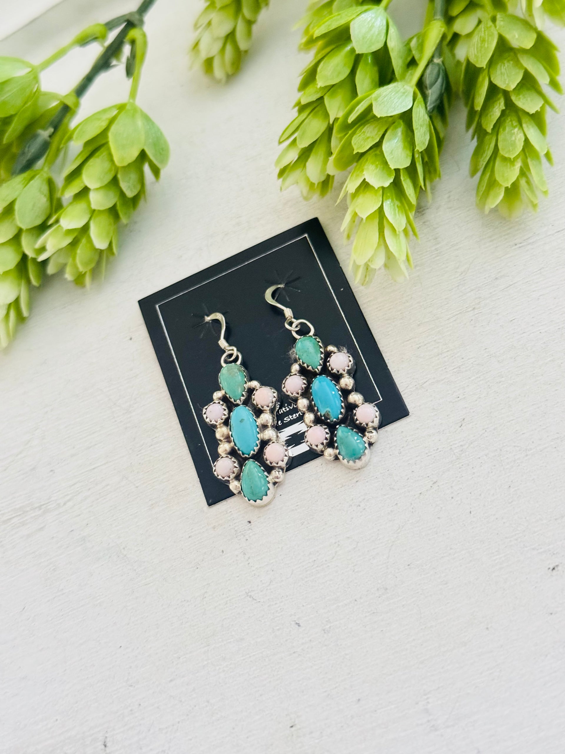 Navajo Made Multi Stone & Sterling Silver Dangle Cluster Earrings