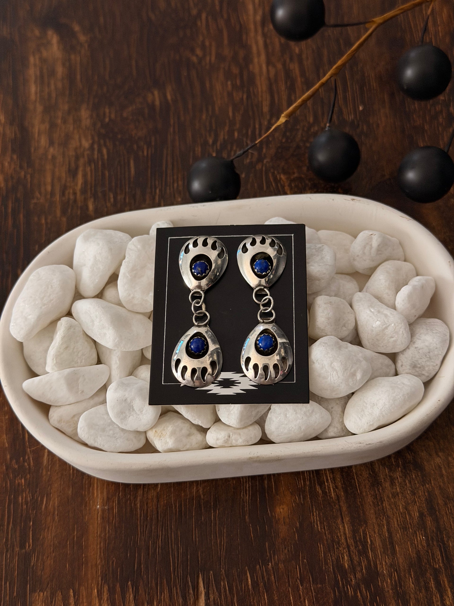 Navajo Made Lapis & Sterling Silver Post Dangle Bear Claw Earrings