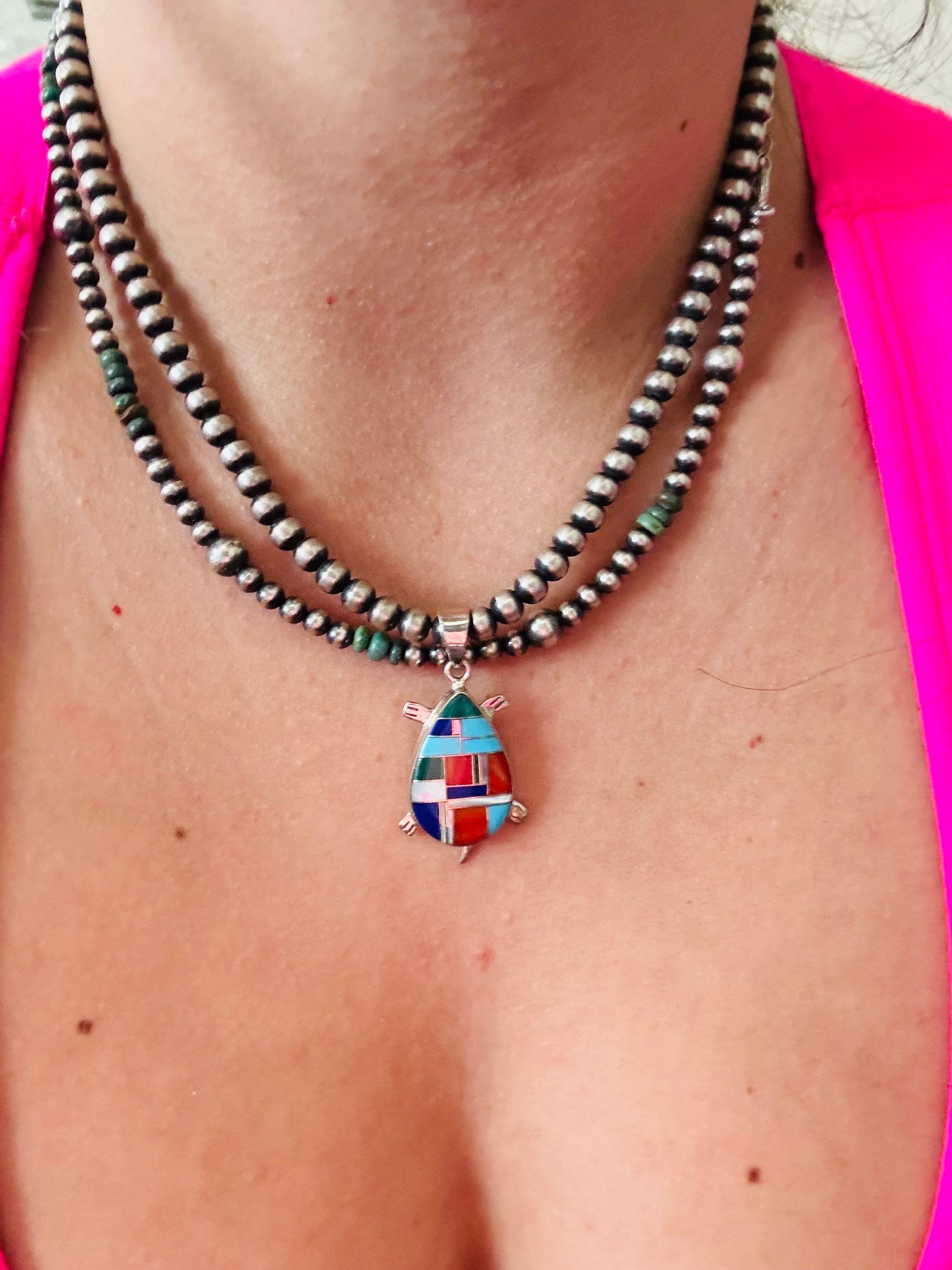Southwest Multi Stone & Sterling Silver Inlay Pendant