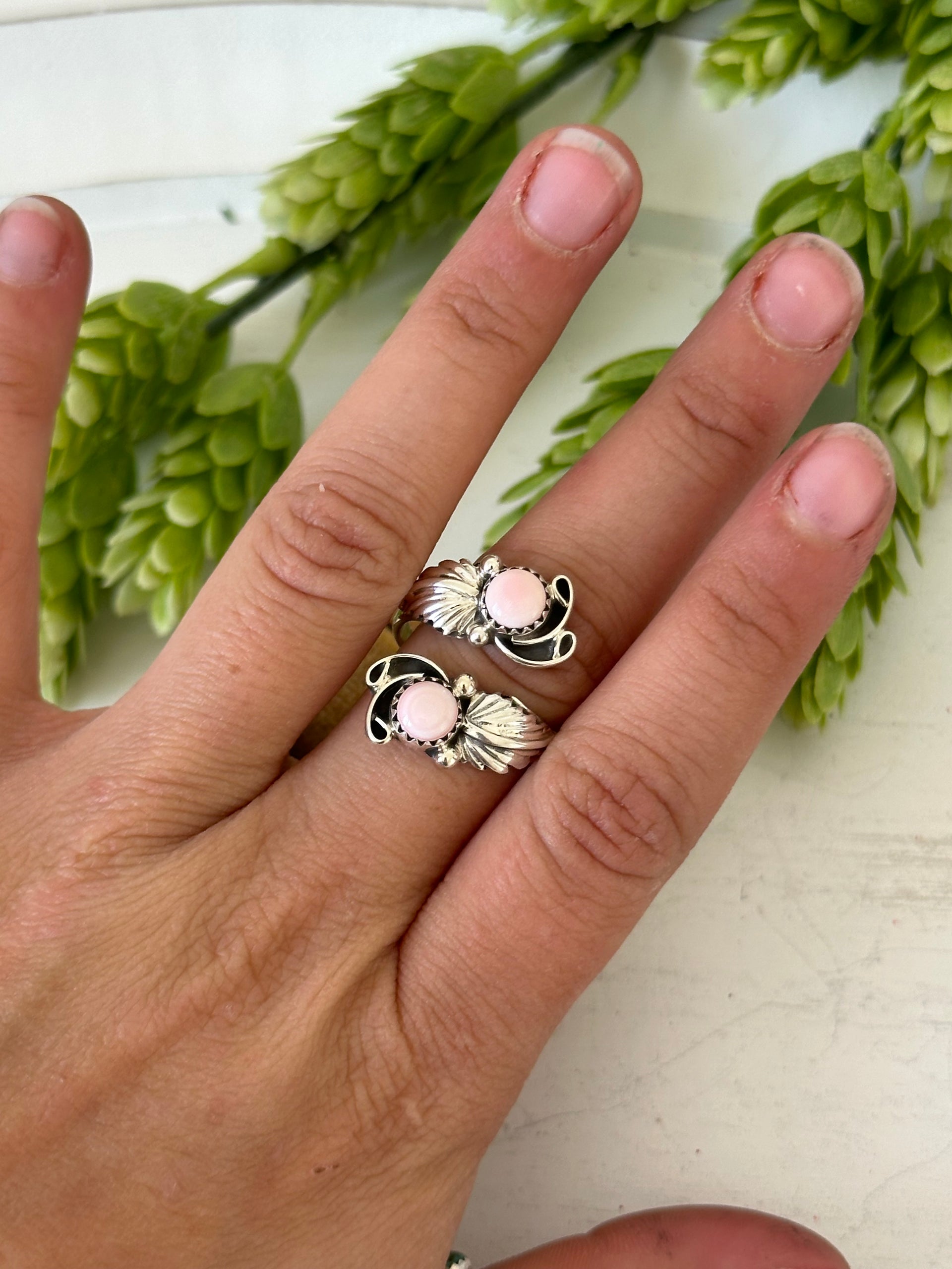 Navajo Made Pink Conch & Sterling Silver Adjustable Ring