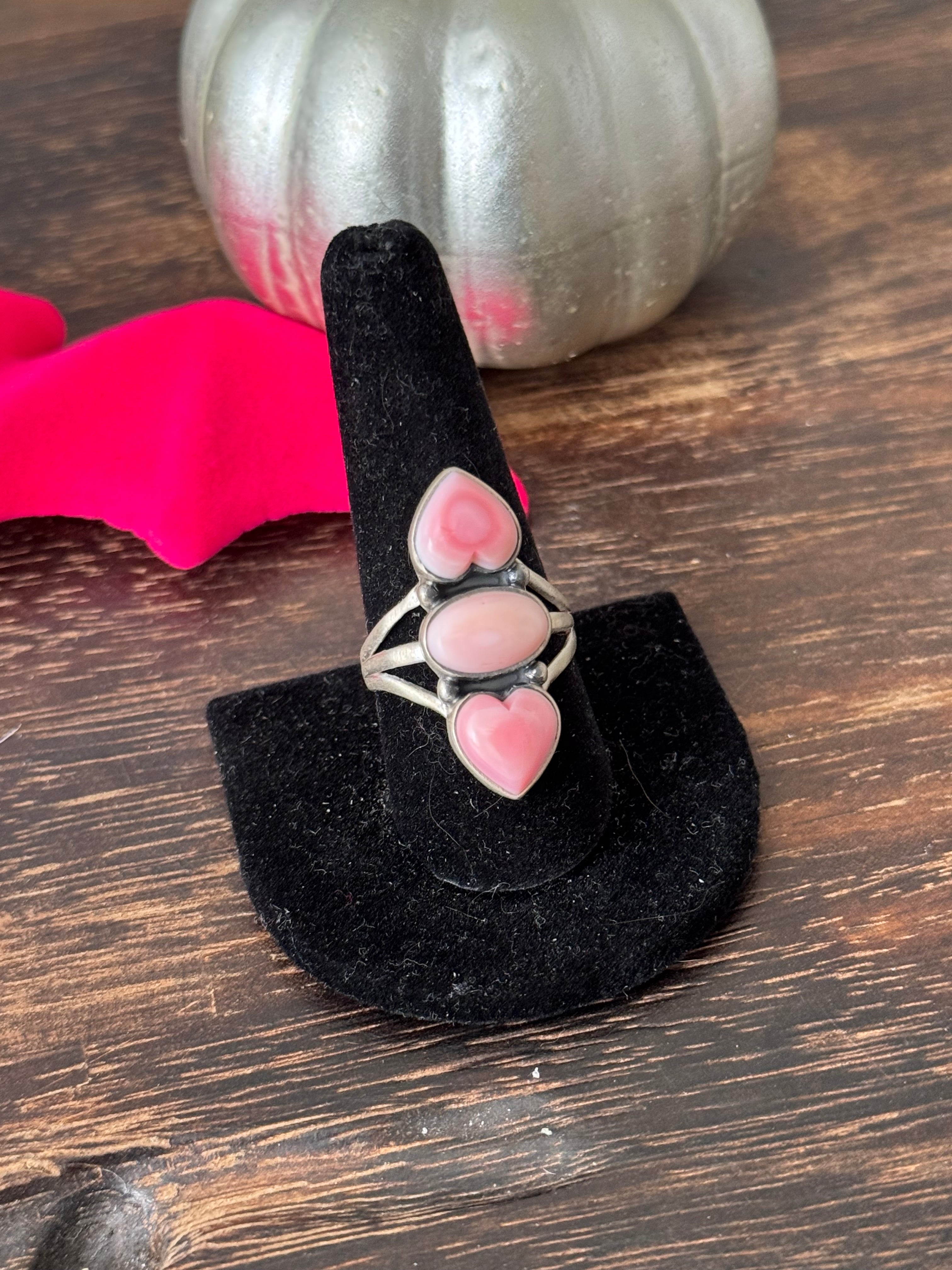 Navajo Made Pink Conch & Sterling Silver Heart Ring