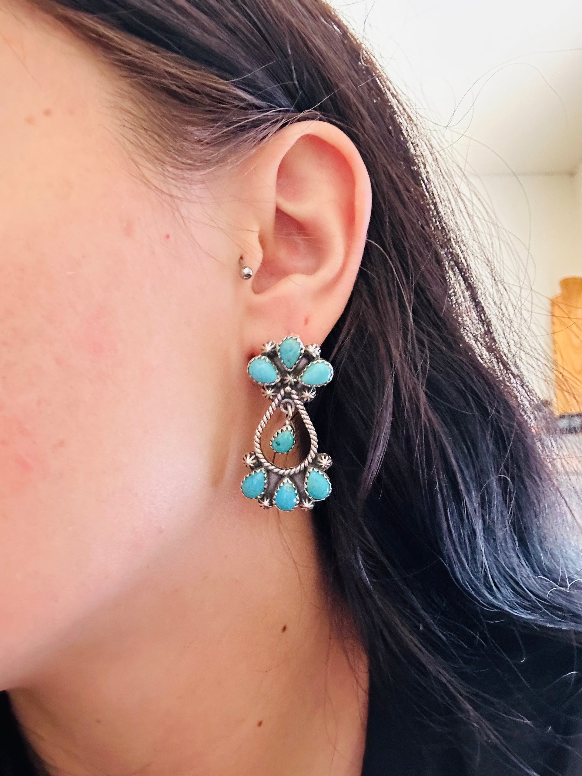 Southwest Handmade Kingman Turquoise & Sterling Silver Post Dangle Earrings