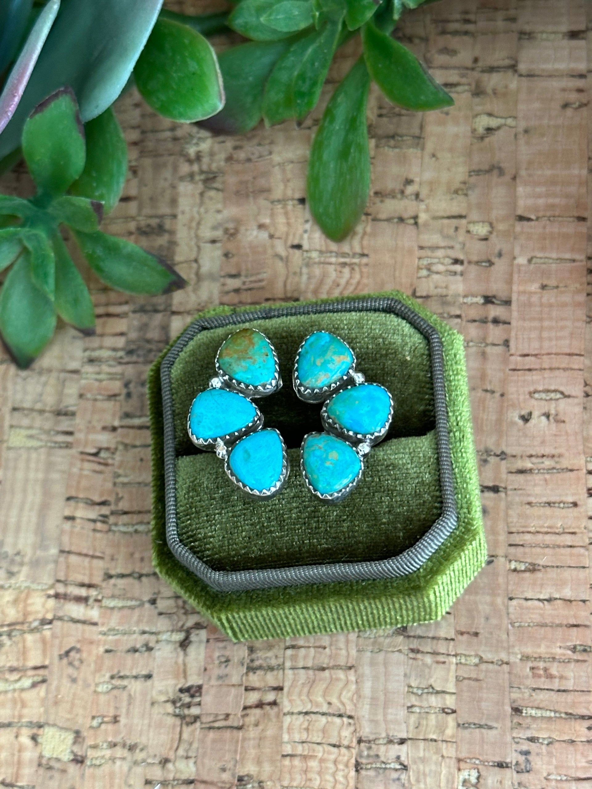 Southwest Handmade Kingman Turquoise & Sterling Silver Adjustable Cluster Ring