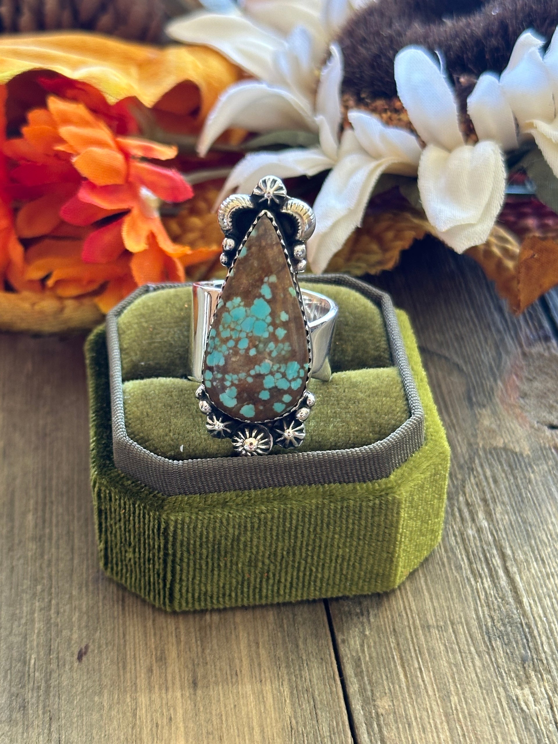 Southwest Handmade #8 Turquoise & Sterling Silver Adjustable Ring