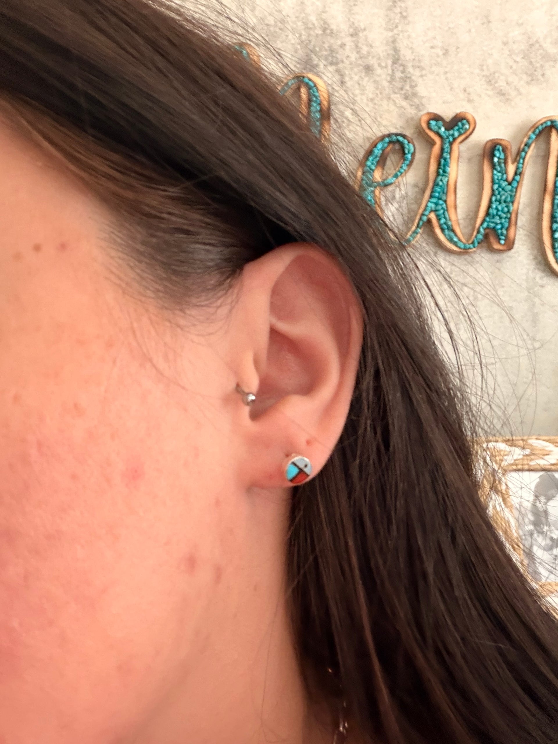 Zuni Made Multi Stone & Sterling Silver Inlay Sunface Post Earrings