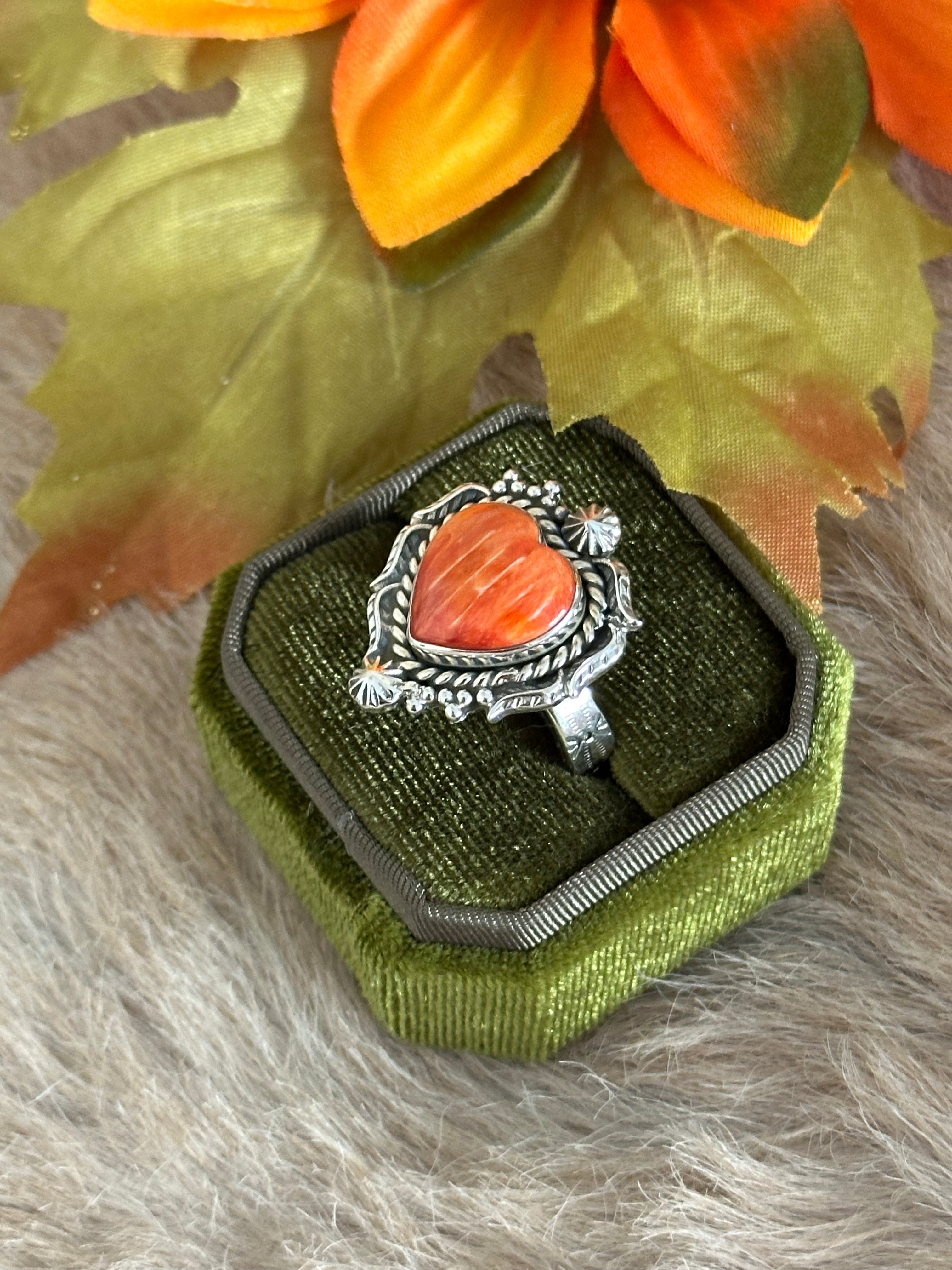 Southwest Handmade Spiny Oyster & Sterling Silver Adjustable Heart Ring