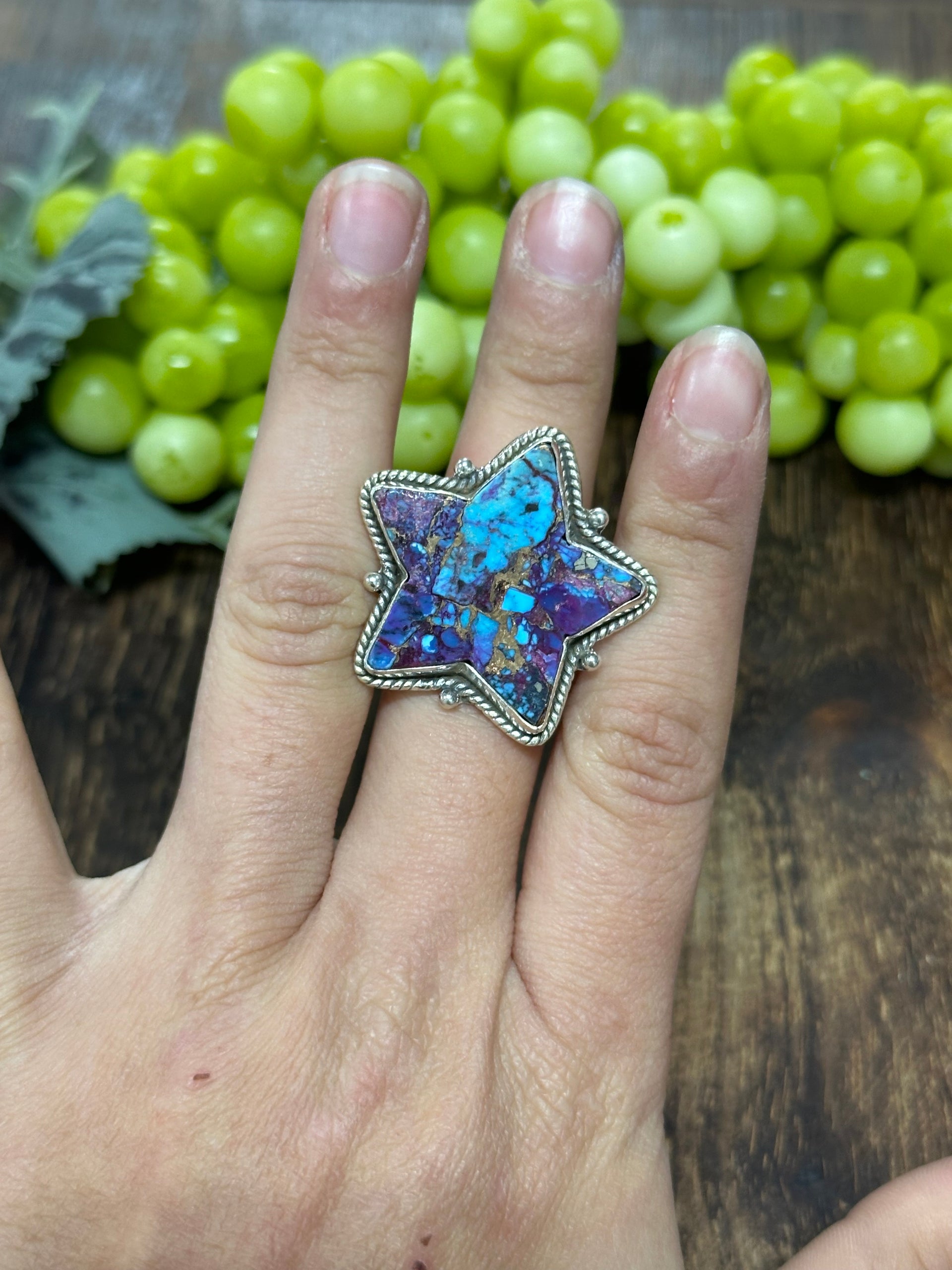 Southwest Handmade Mohave Turquoise & Sterling Silver Adjustable Star Ring