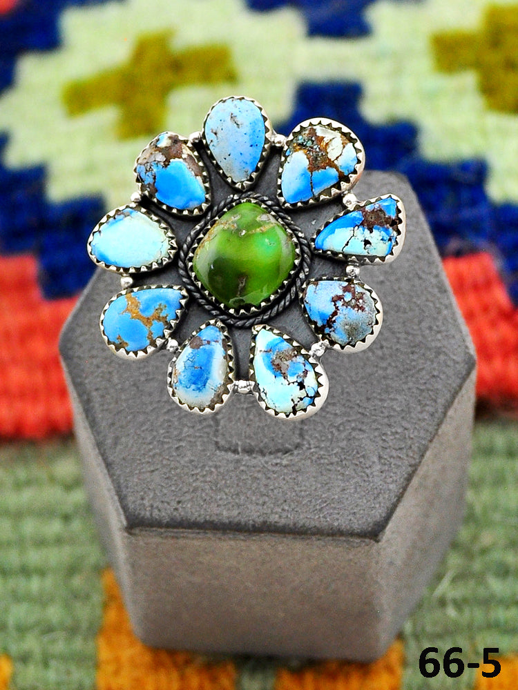 Southwest Handmade Golden Hills Turquoise with Sonoran Turquoise & Sterling Silver Adjustable Ring