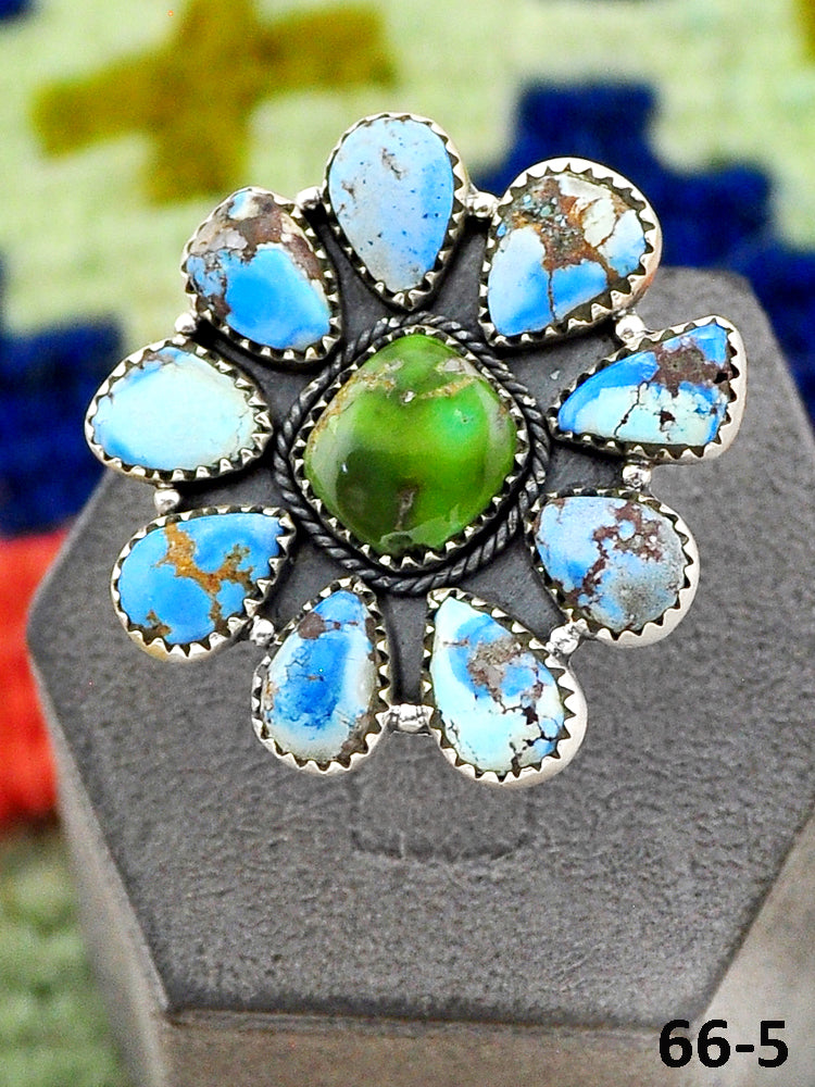 Southwest Handmade Golden Hills Turquoise with Sonoran Turquoise & Sterling Silver Adjustable Ring