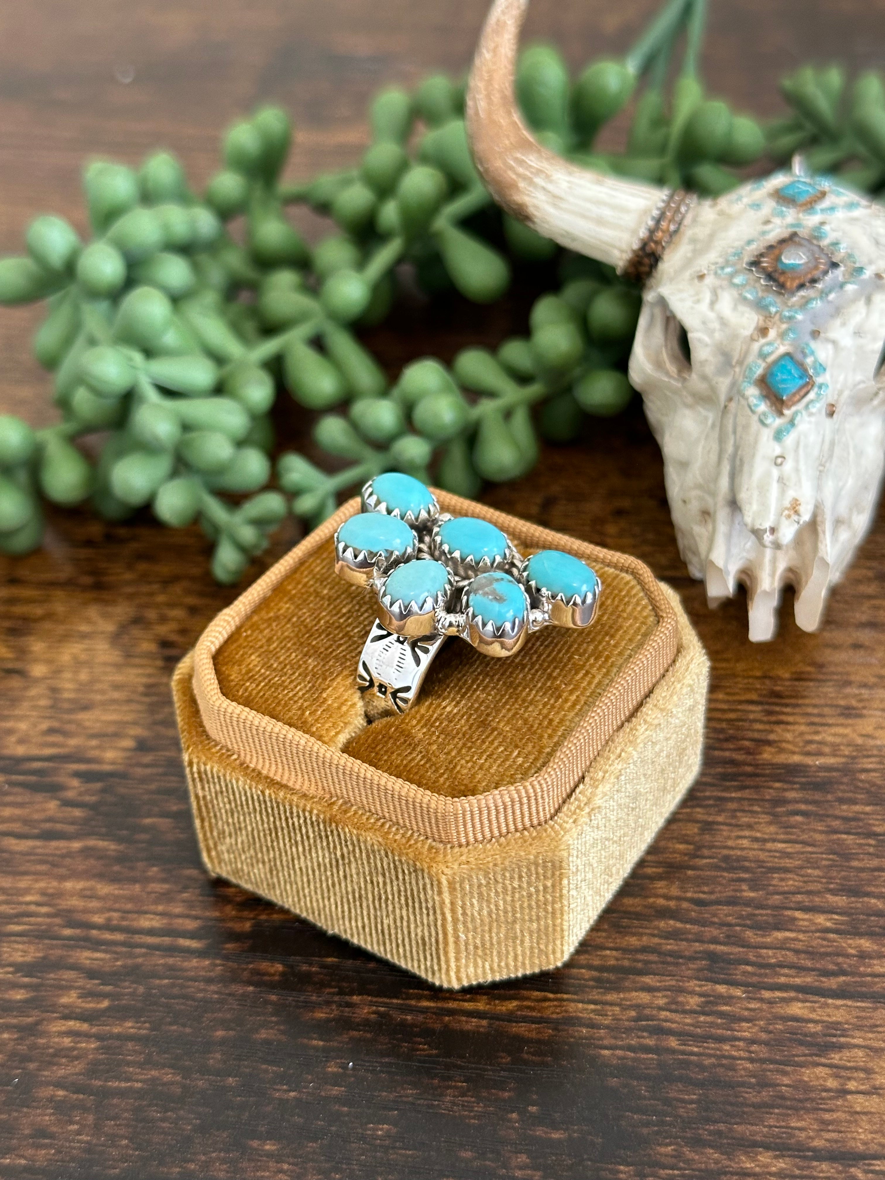 Southwest Handmade Kingman Turquoise & Sterling Silver Adjustable Cluster Ring