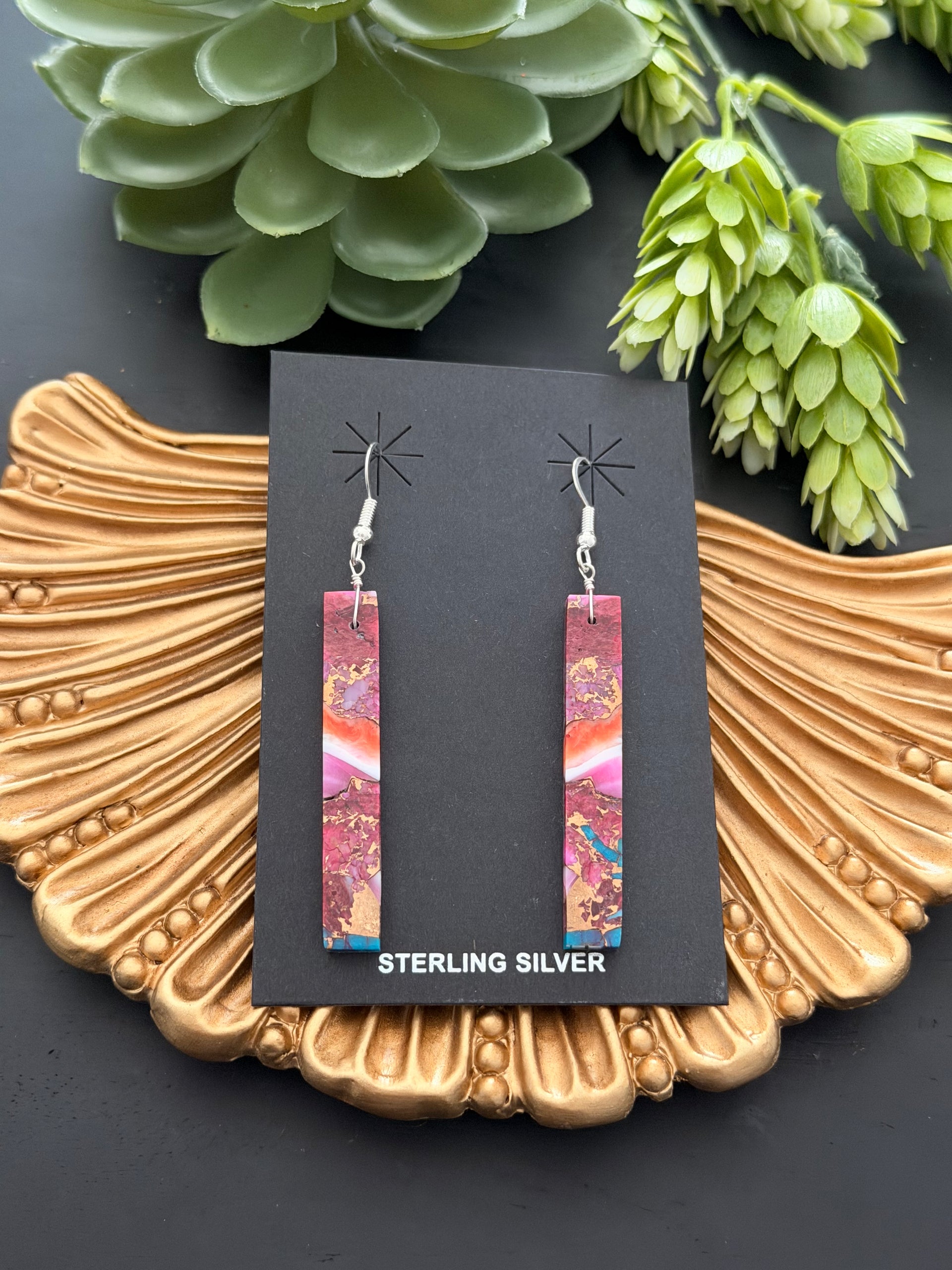 Navajo Made Purple/Pink Mohave Turquoise & Sterling Silver Slab Dangle Earrings