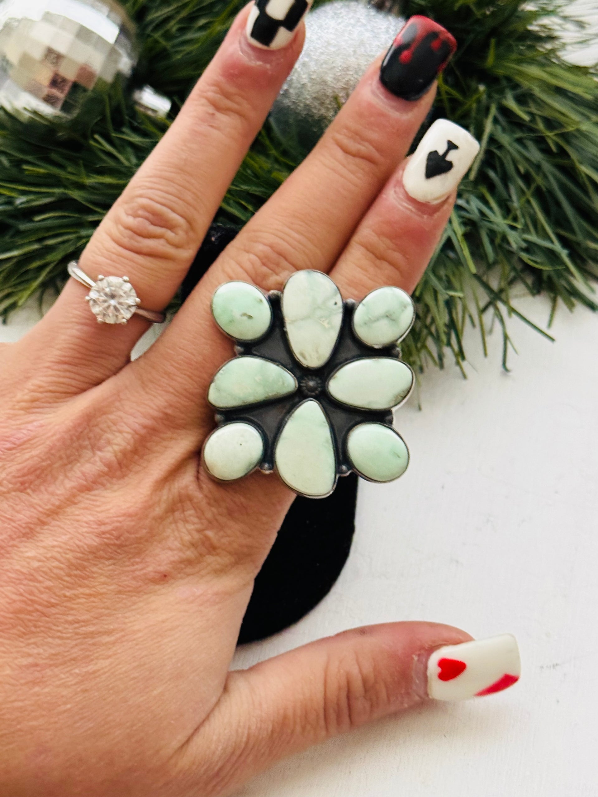 Southwest Handmade Paloma Variscite & Sterling Silver Adjustable Cluster Ring