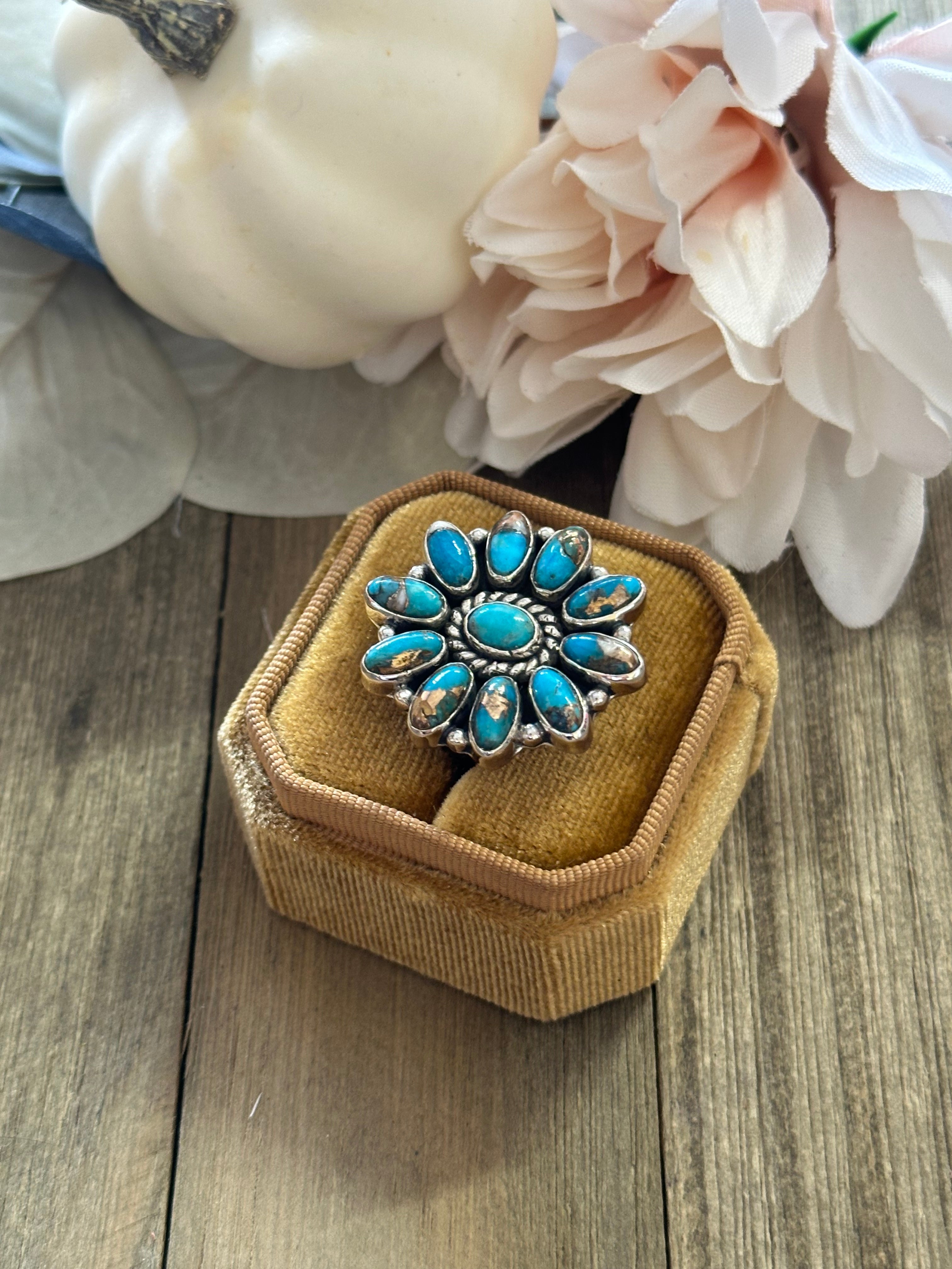 Southwest Handmade Mohave Turquoise & Sterling Silver Adjustable Cluster Ring