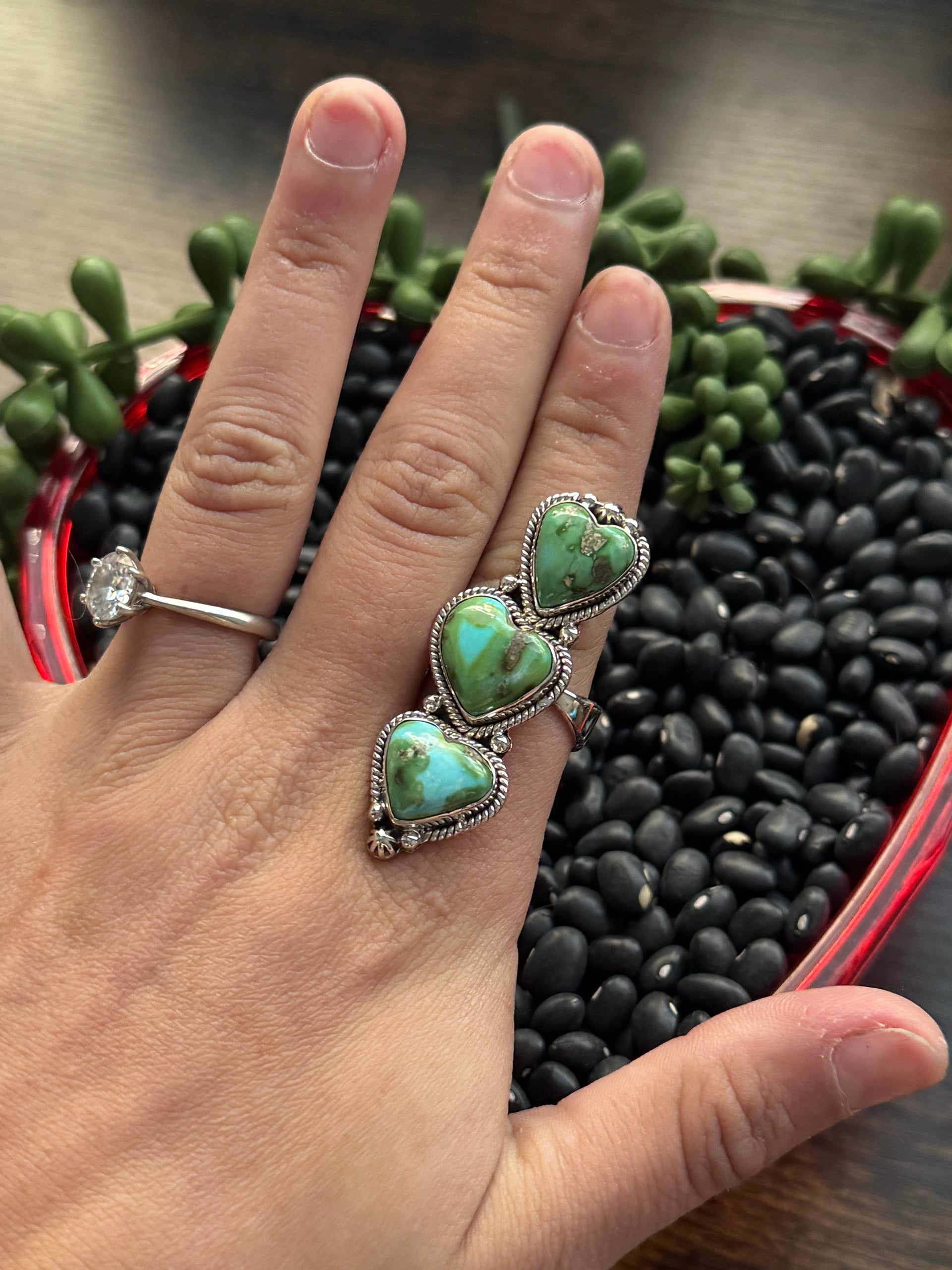 Southwest Handmade Sonoran Mountain Turquoise & Sterling Silver Adjustable Cluster Triple Heart Ring