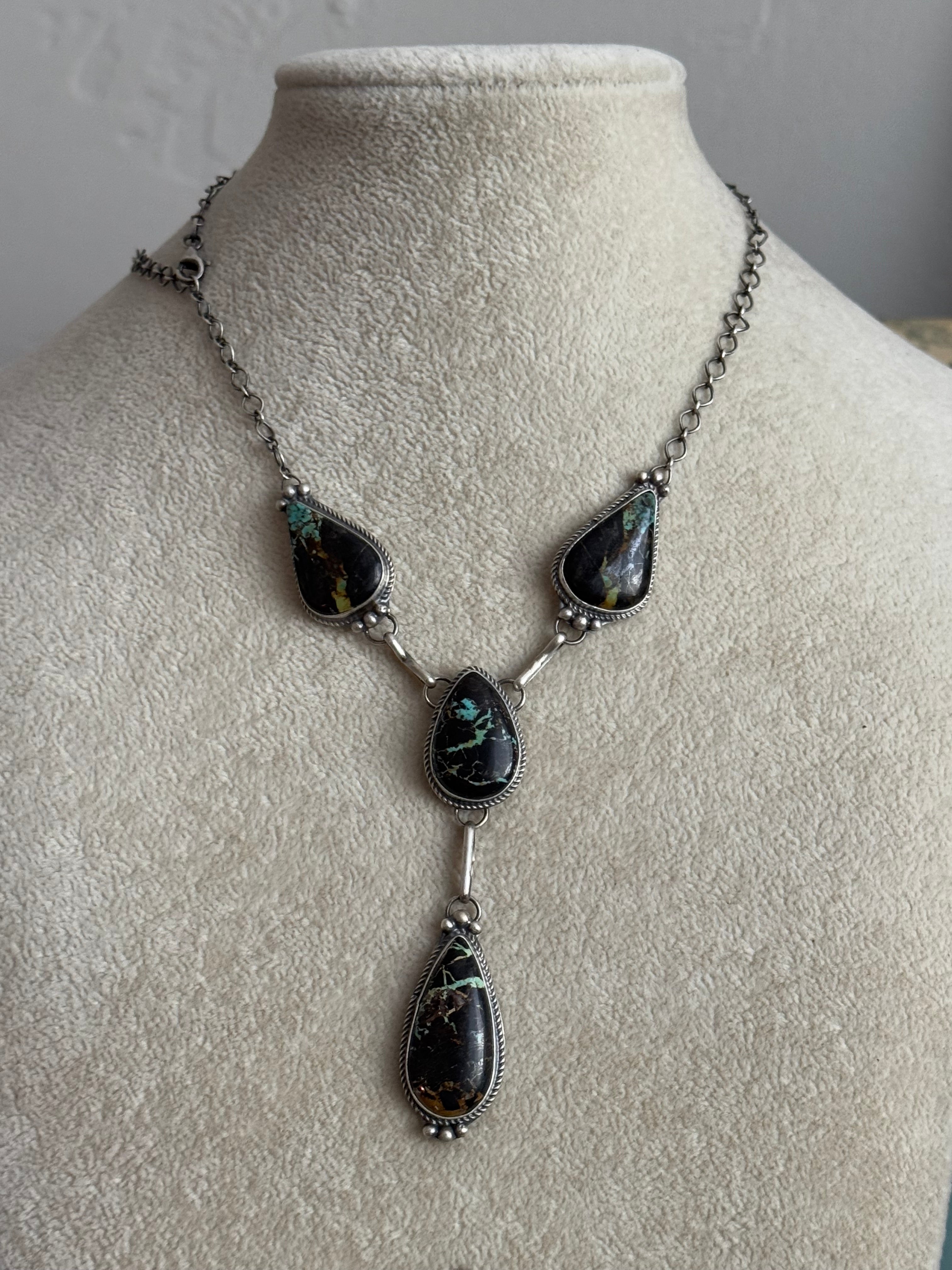 Navajo Made Black Jack Turquoise & Sterling Silver Necklace Set