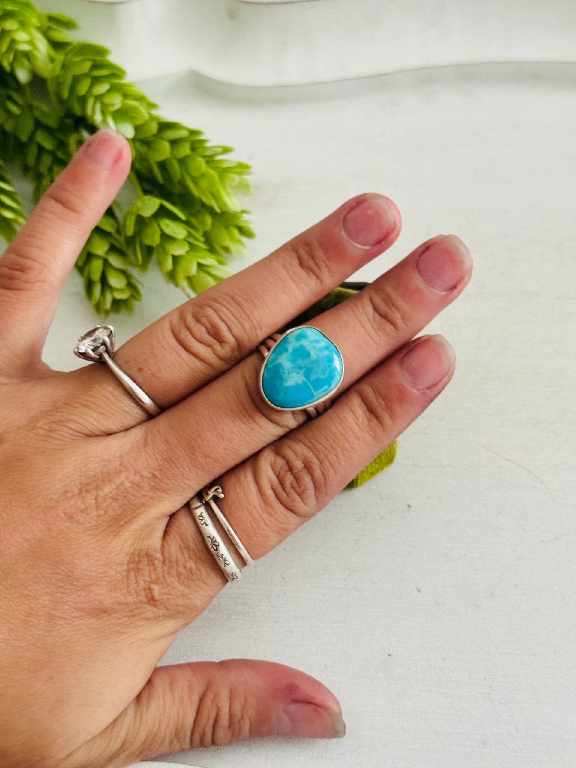 Southwest Made Kingman Turquoise & Sterling Sliver Ring Size 7.75