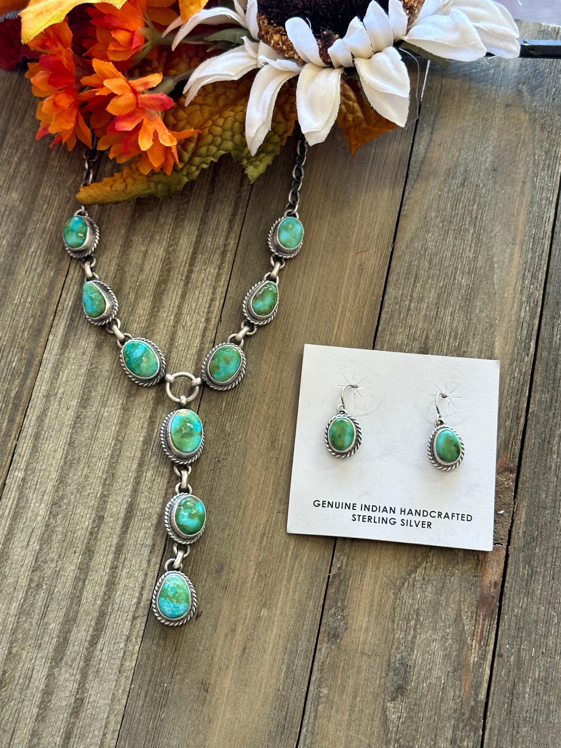 Navajo Made Sonoran Gold Turquoise & Sterling Silver Lariat Necklace Set