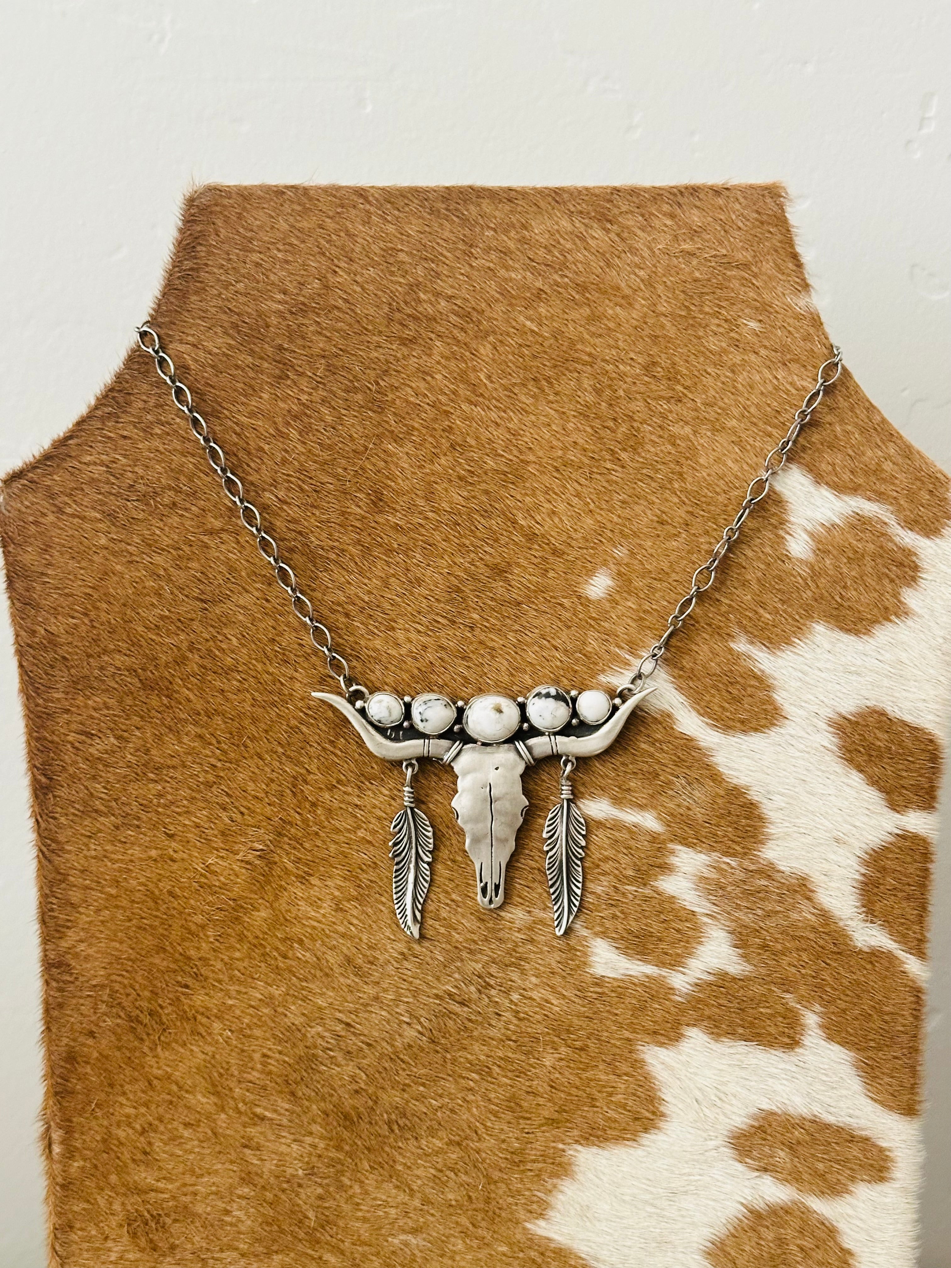 Mark Yazzie White Buffalo & Sterling Silver Bull Skull Necklace