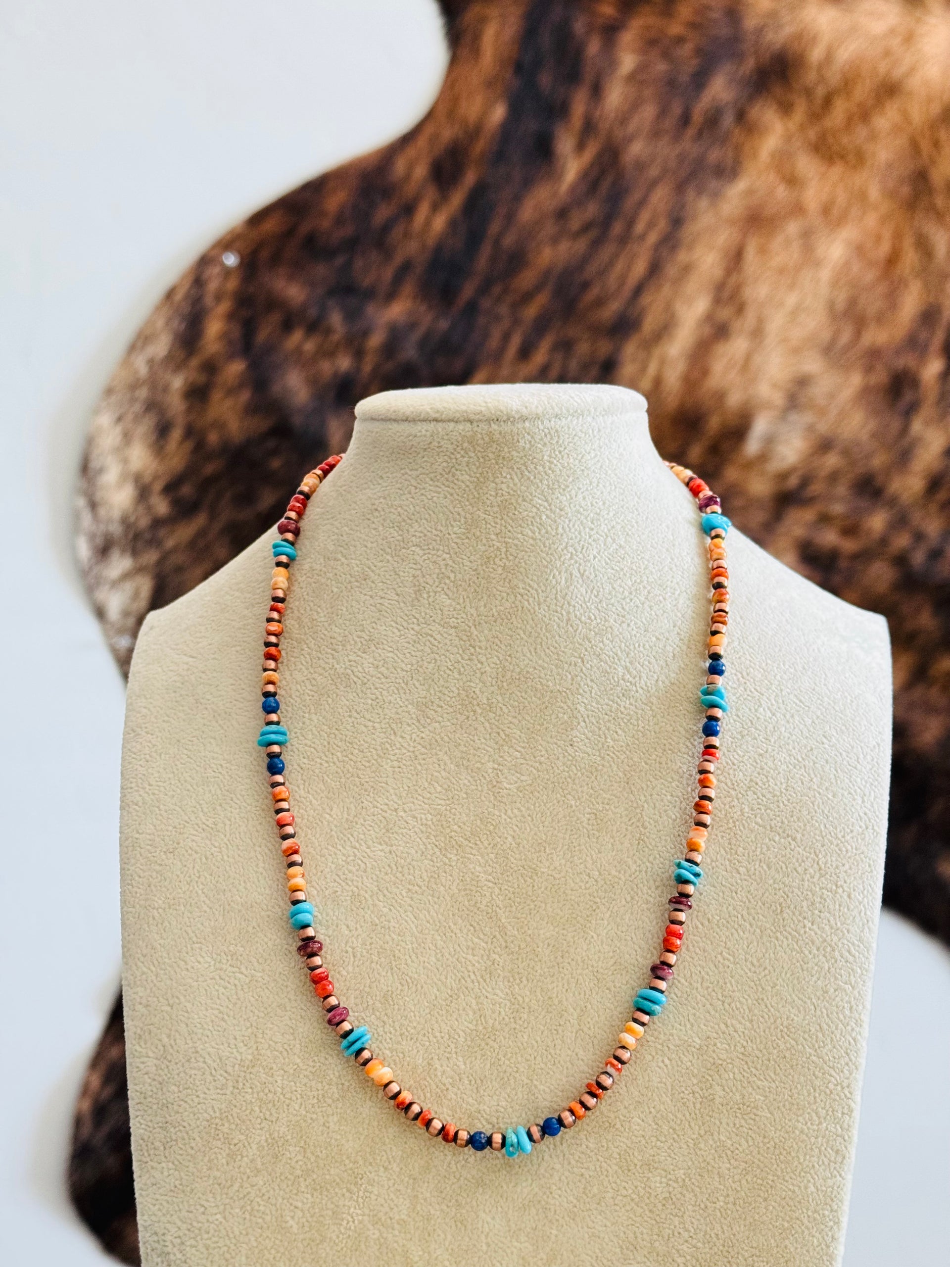 Navajo Strung Multi Stone & Copper Pearls Beaded Necklace