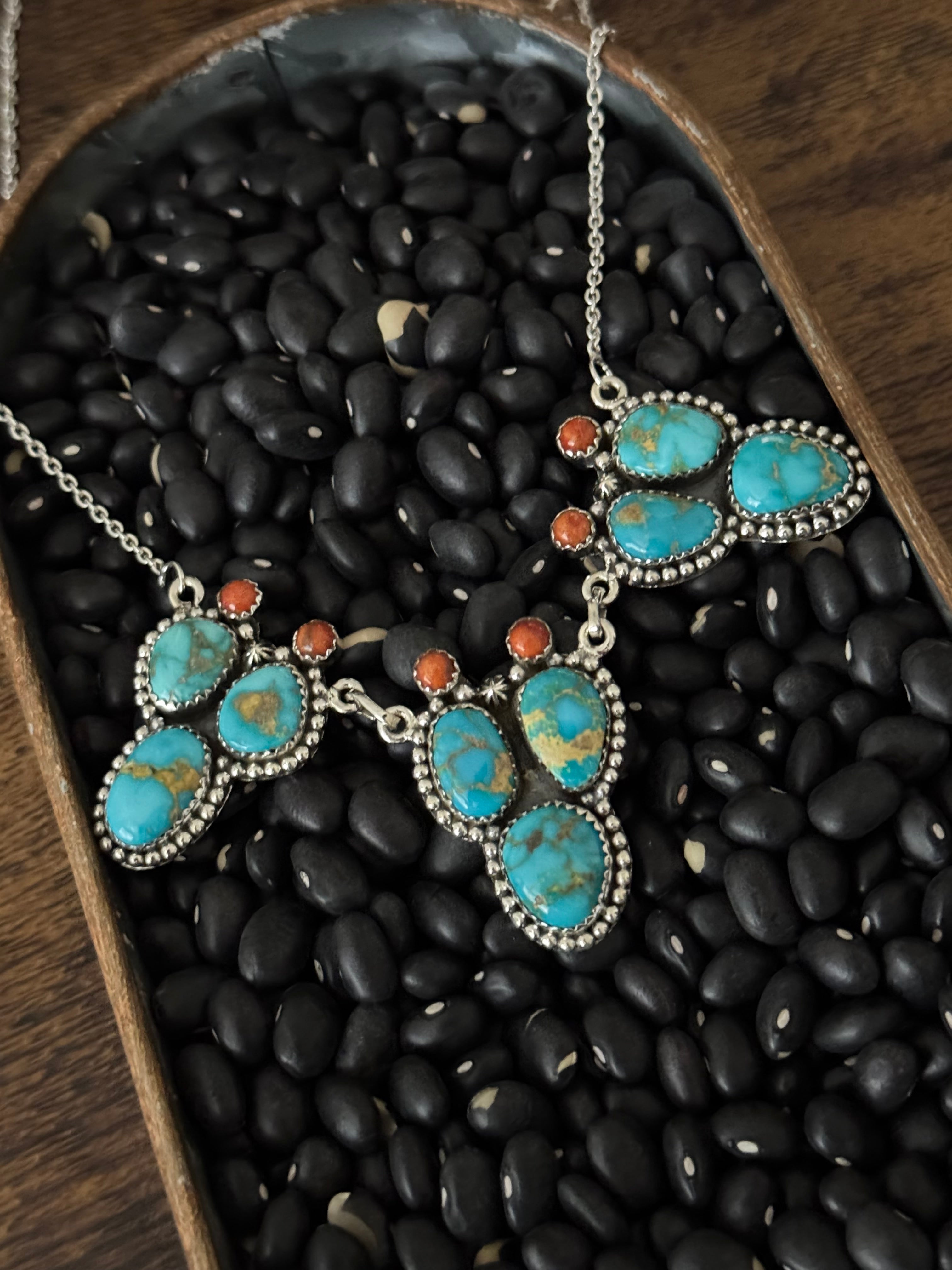 Southwest Handmade Multi Stone & Sterling Silver Prickly Pear Necklace