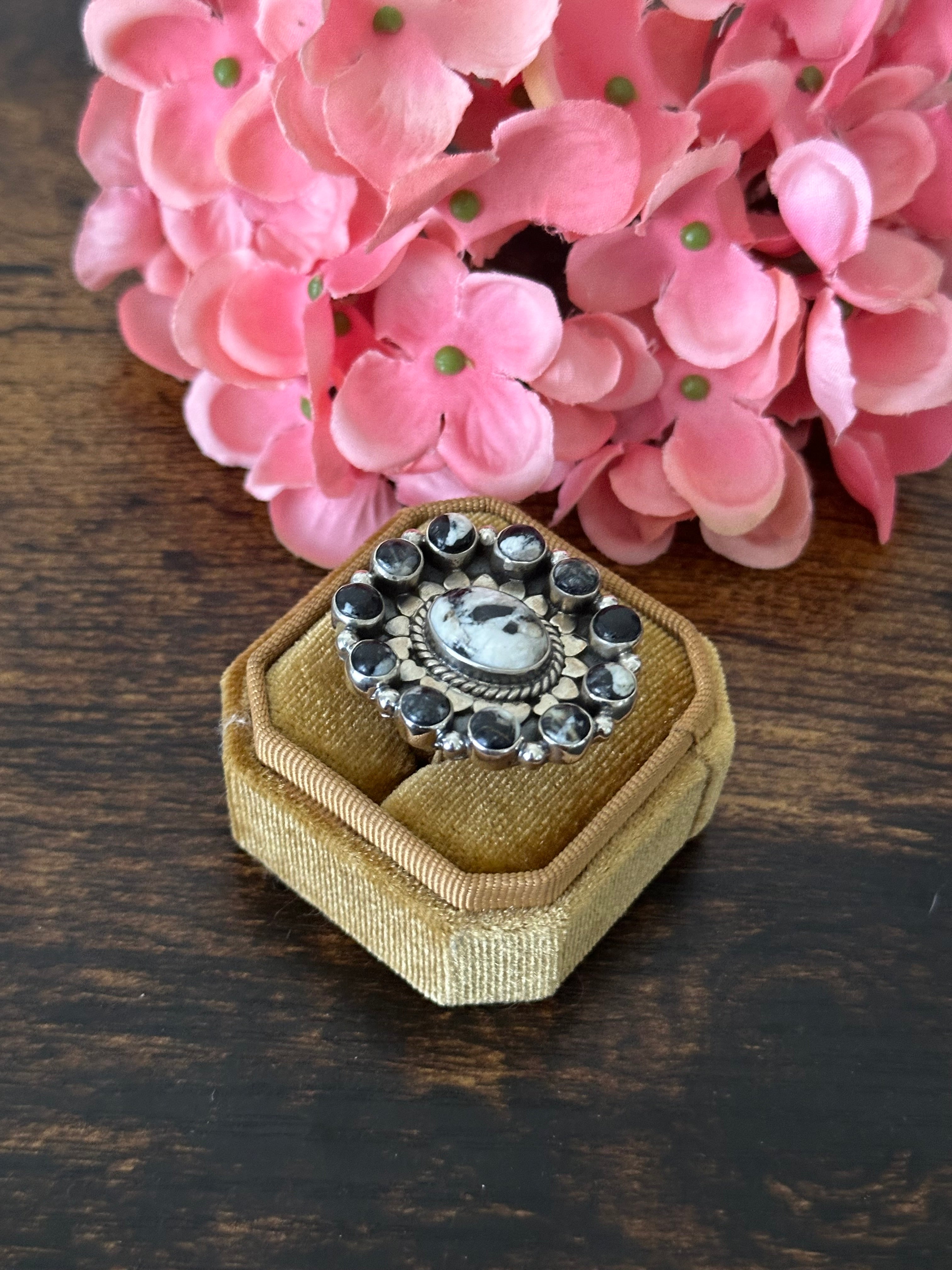 Southwest Handmade White Buffalo & Sterling Silver Cluster Adjustable Ring