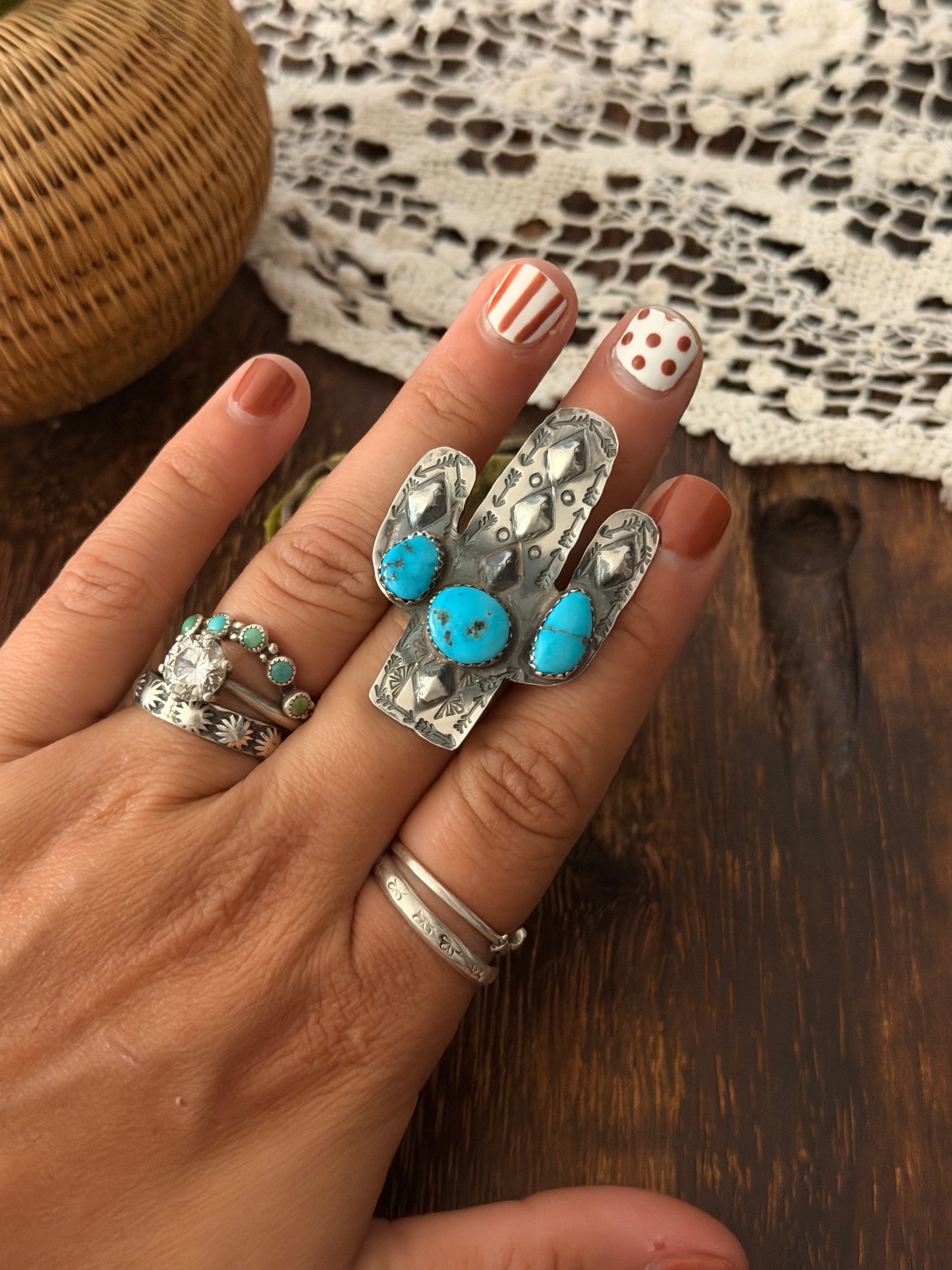 Tim Yazzie Kingman Turquoise & Sterling Silver Adjustable Saguaro Ring