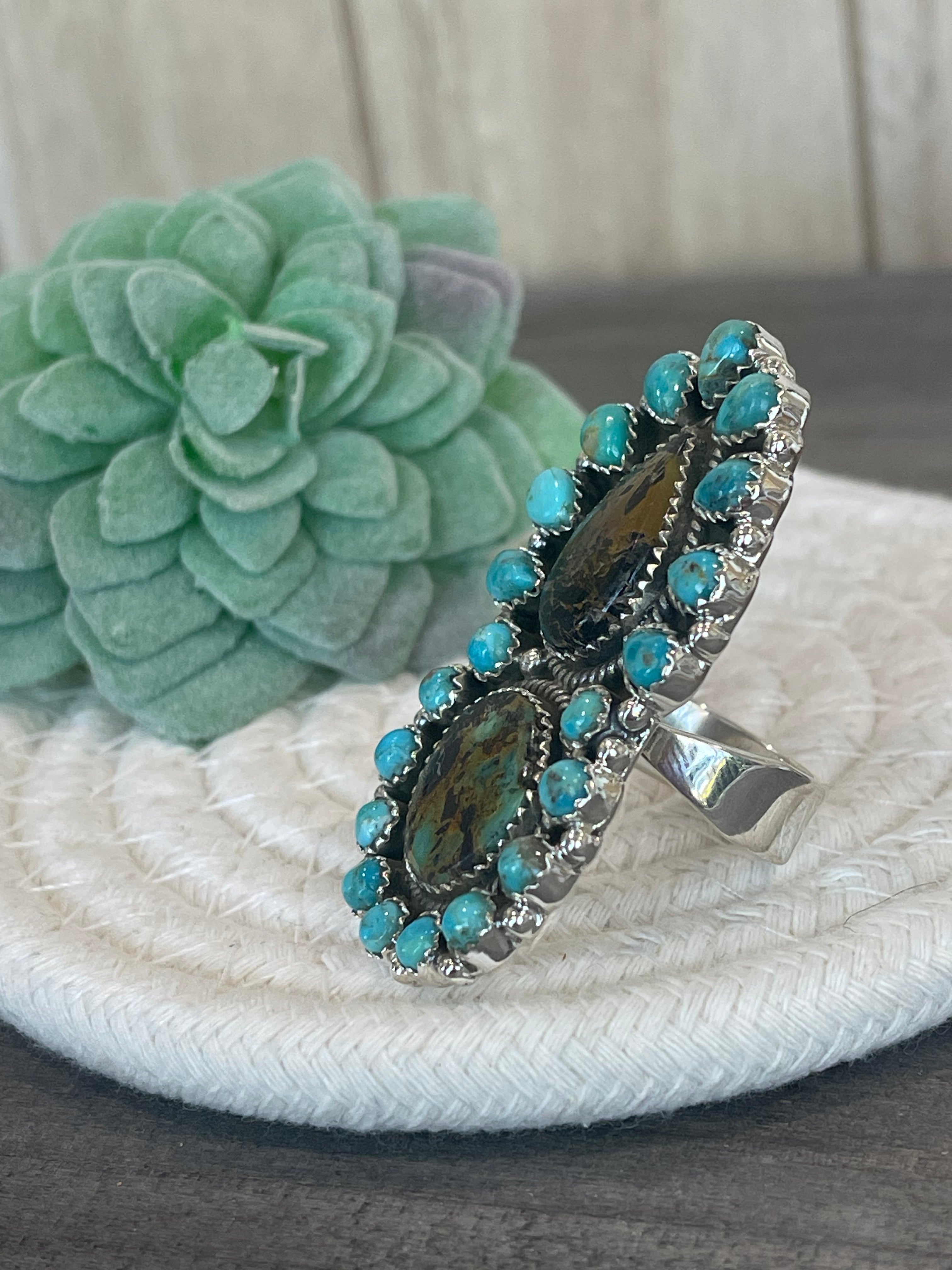 Southwest Handmade BlackJack Turquoise And Kingman Turquoise & Sterling Silver Adjustable Ring