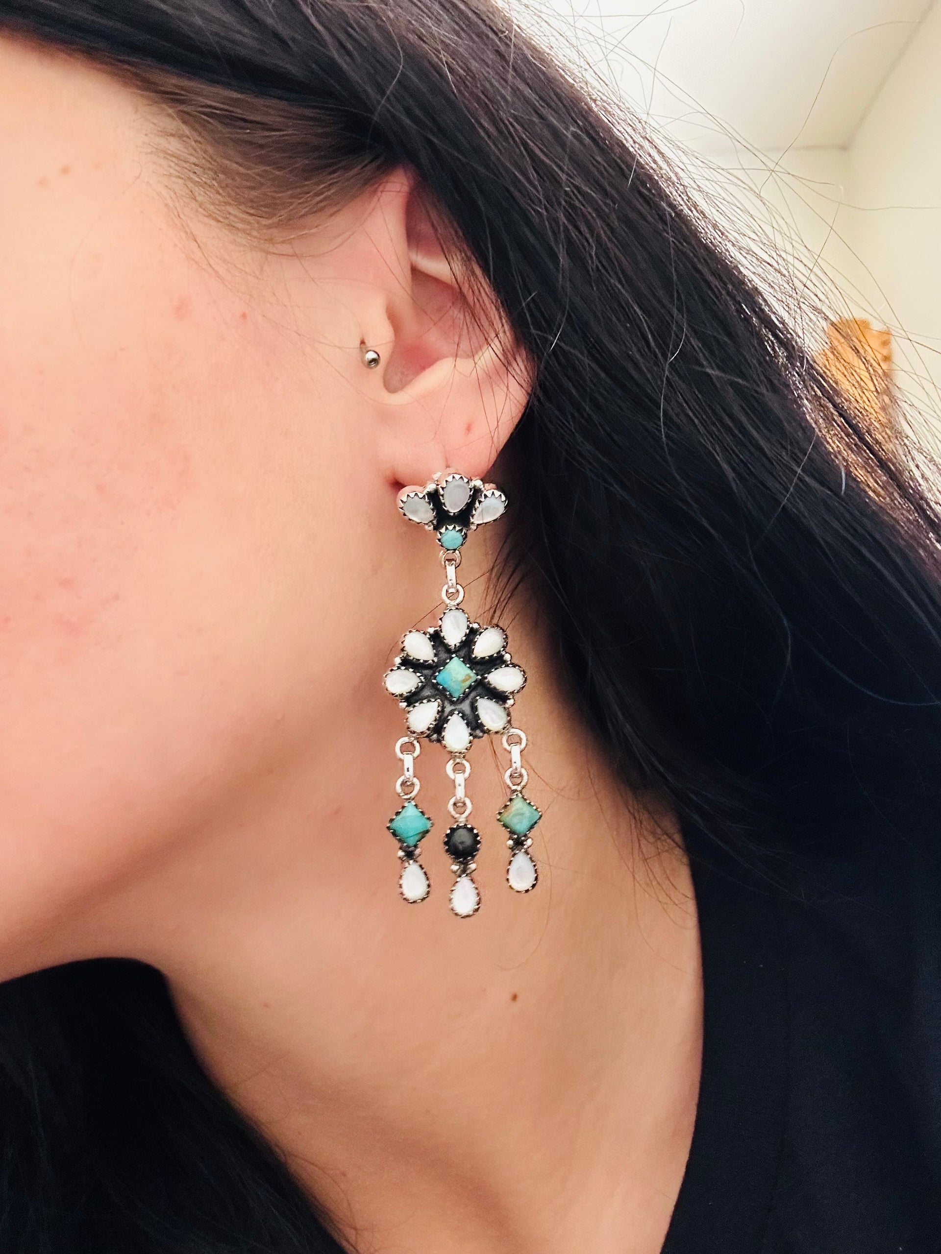 Southwest Handmade Multi Stone & Sterling Silver Post Dangle Earrings