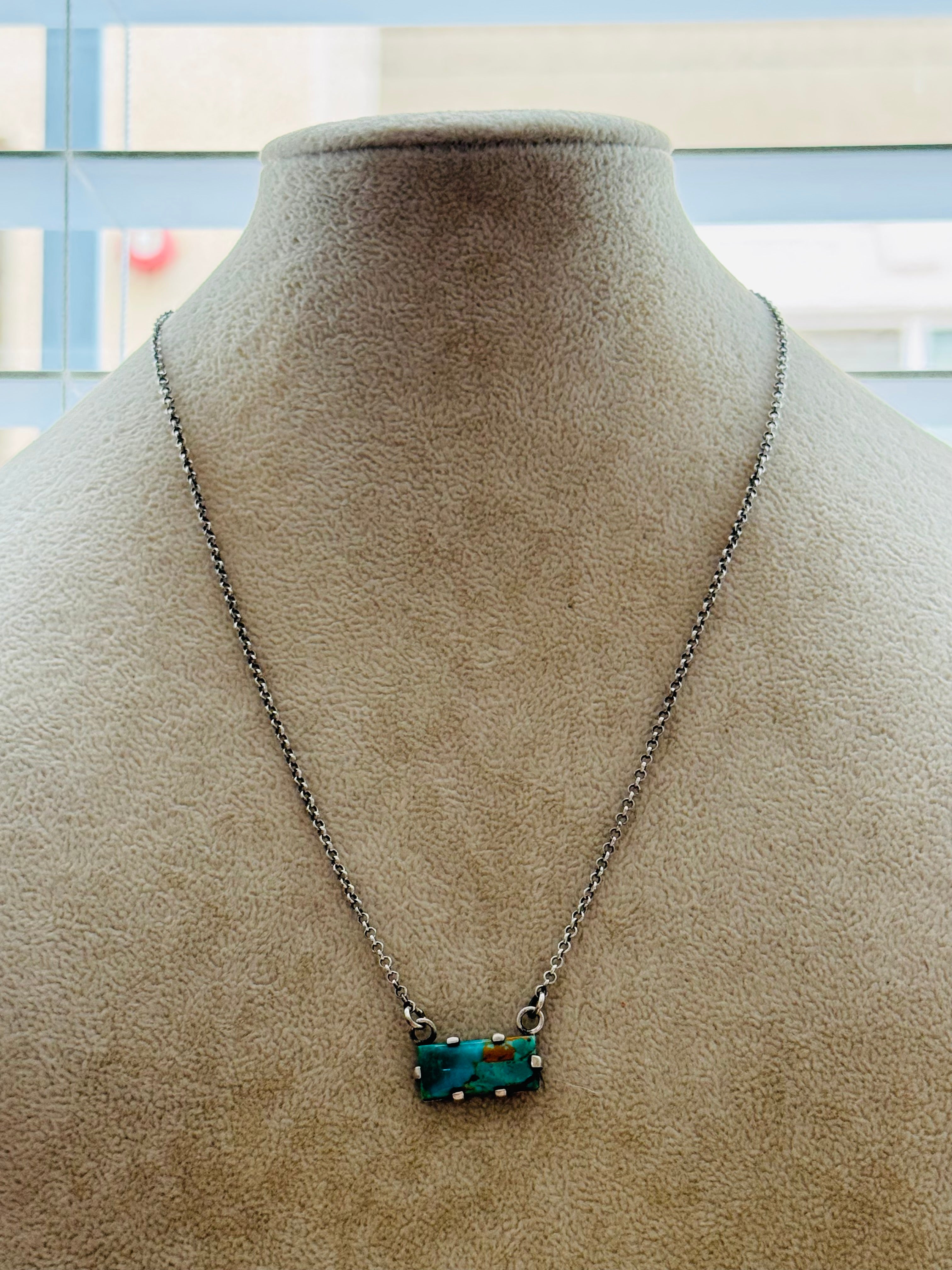 Southwest Handmade Kingman Turquoise & Sterling Silver Cluster Bar Necklace