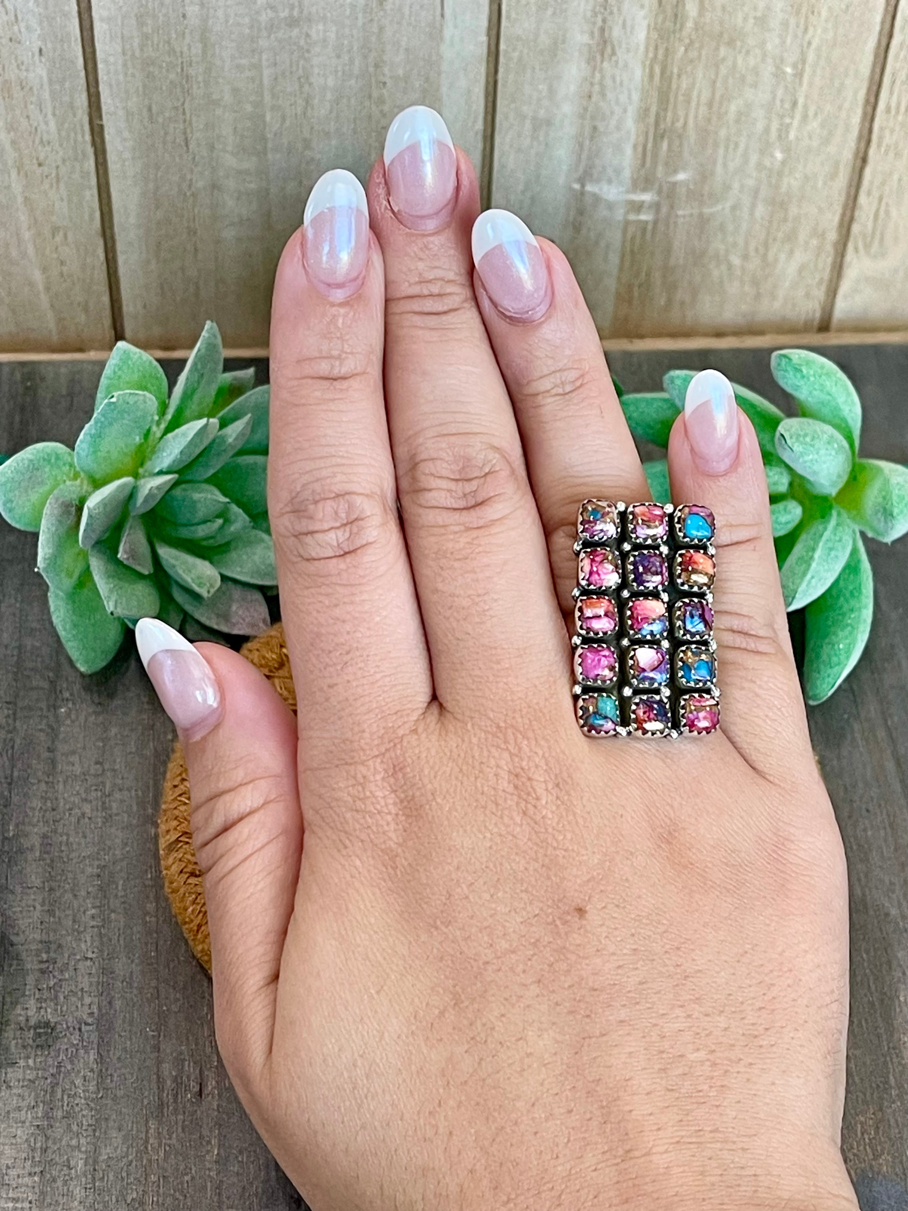 Southwest Handmade Pink Mohave & Sterling Silver Adjustable Cluster Ring