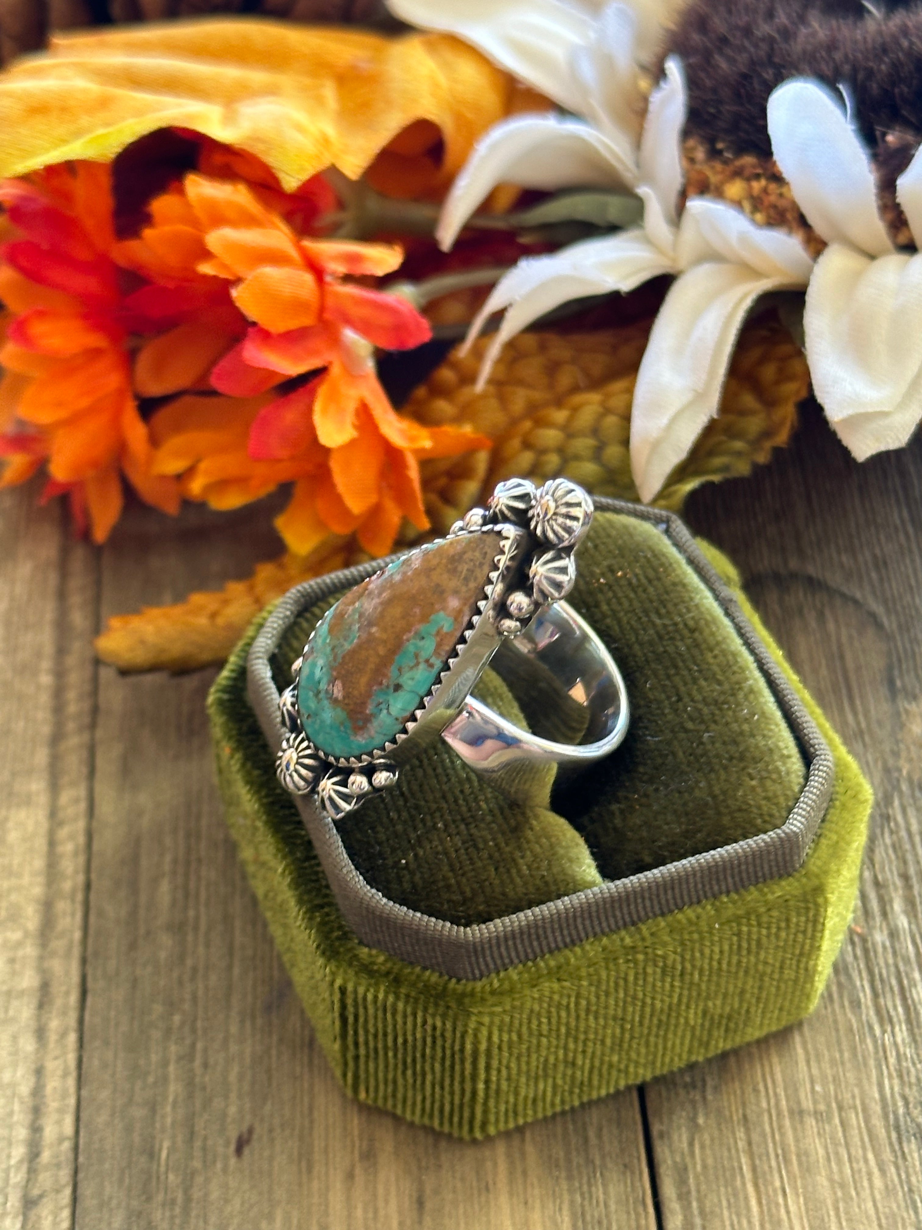 Southwest Handmade #8 Turquoise & Sterling Silver Adjustable Ring