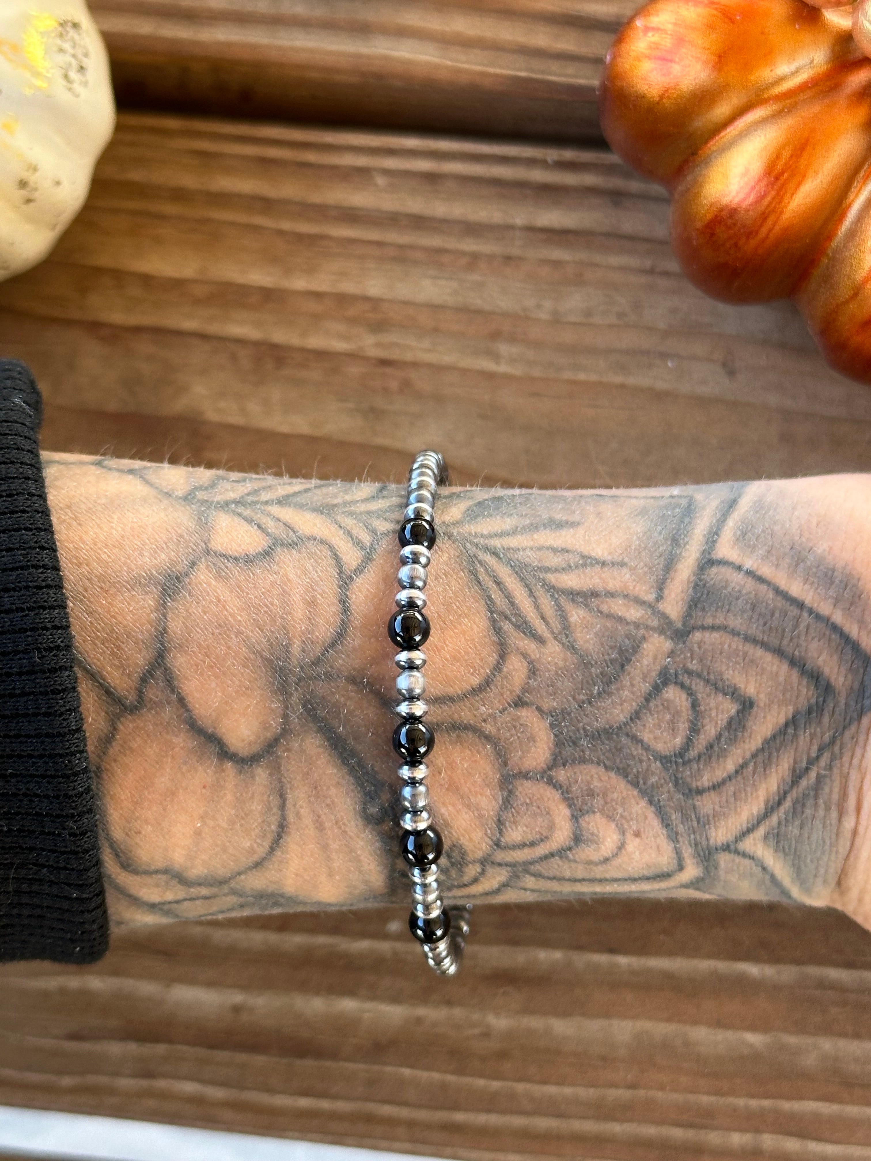 Navajo Strung Onyx & Sterling Silver Pearl Beaded Bracelet